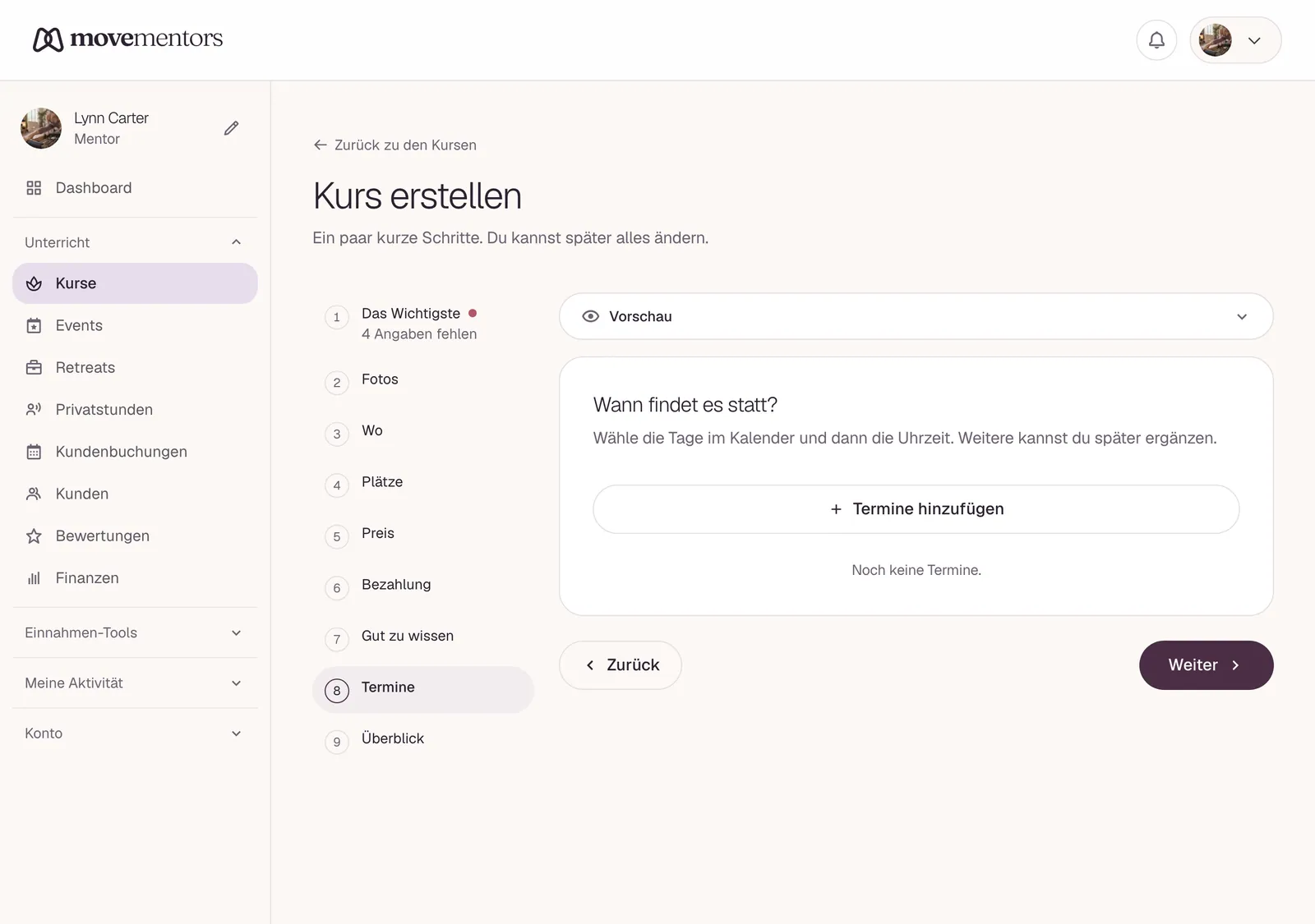 Der Schritt Termine. Hier trägst du ein, wann der Kurs stattfindet.