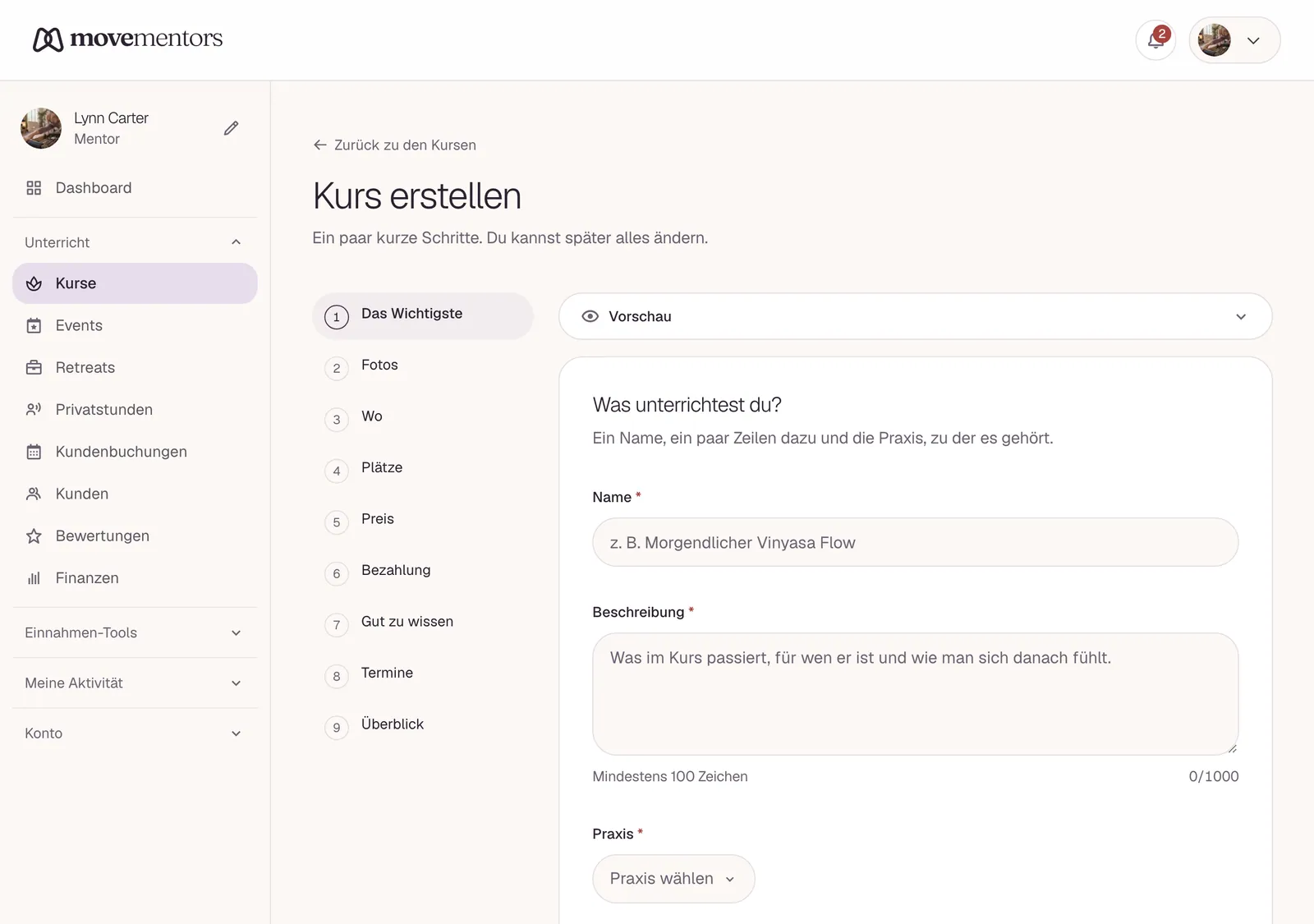 Einen Kurs anlegen: ein kurzer Schritt nach dem anderen, links die Liste der Schritte.