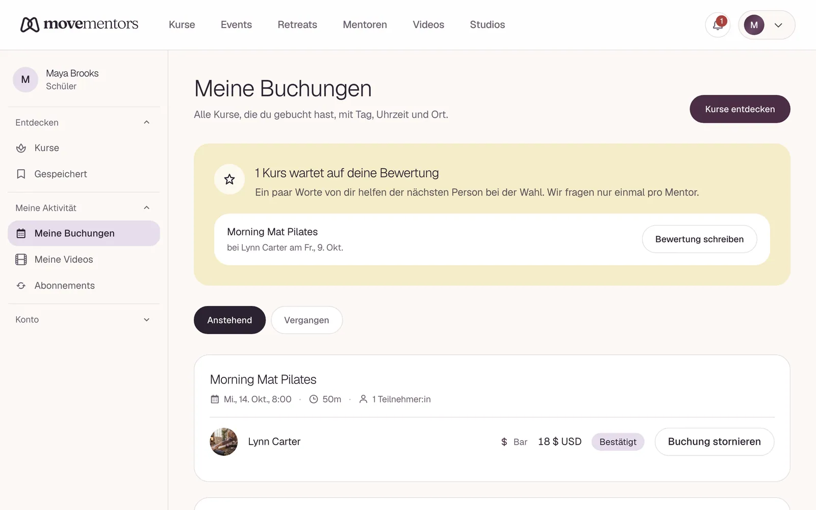Meine Buchungen: deine kommenden Kurse mit Tag, Uhrzeit und Zahlungsart.
