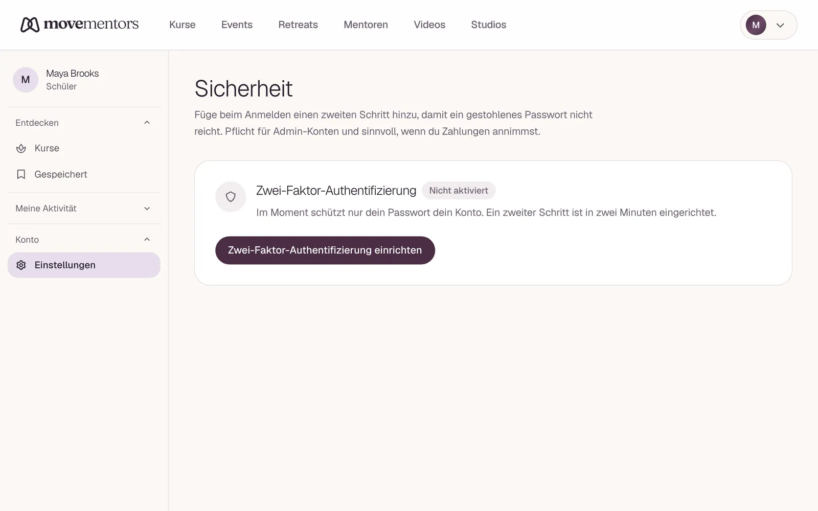 Die Sicherheitsseite. Hier richtest du die Zwei-Faktor-Authentifizierung ein.
