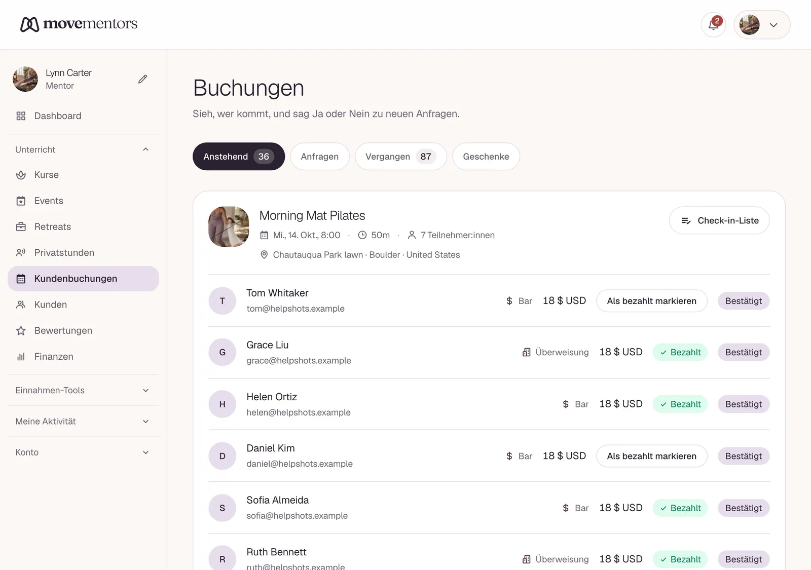 Die Buchungsliste im Mentoren-Dashboard.
