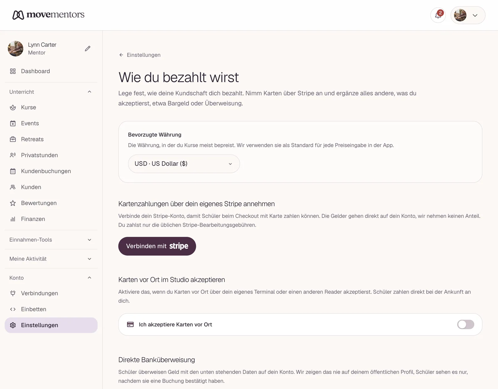 Die Zahlungsseite in deinen Einstellungen: oben Kartenzahlung über Stripe, darunter die anderen Zahlungsarten.
