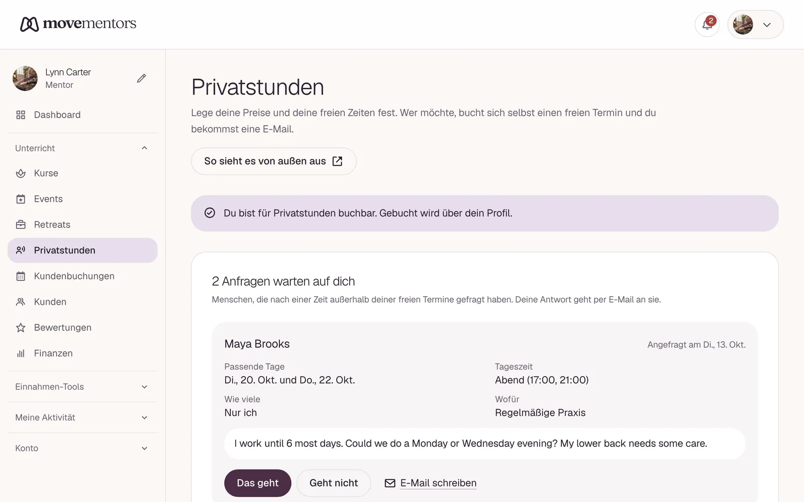 Die Privatstunden-Seite im Mentor-Dashboard.