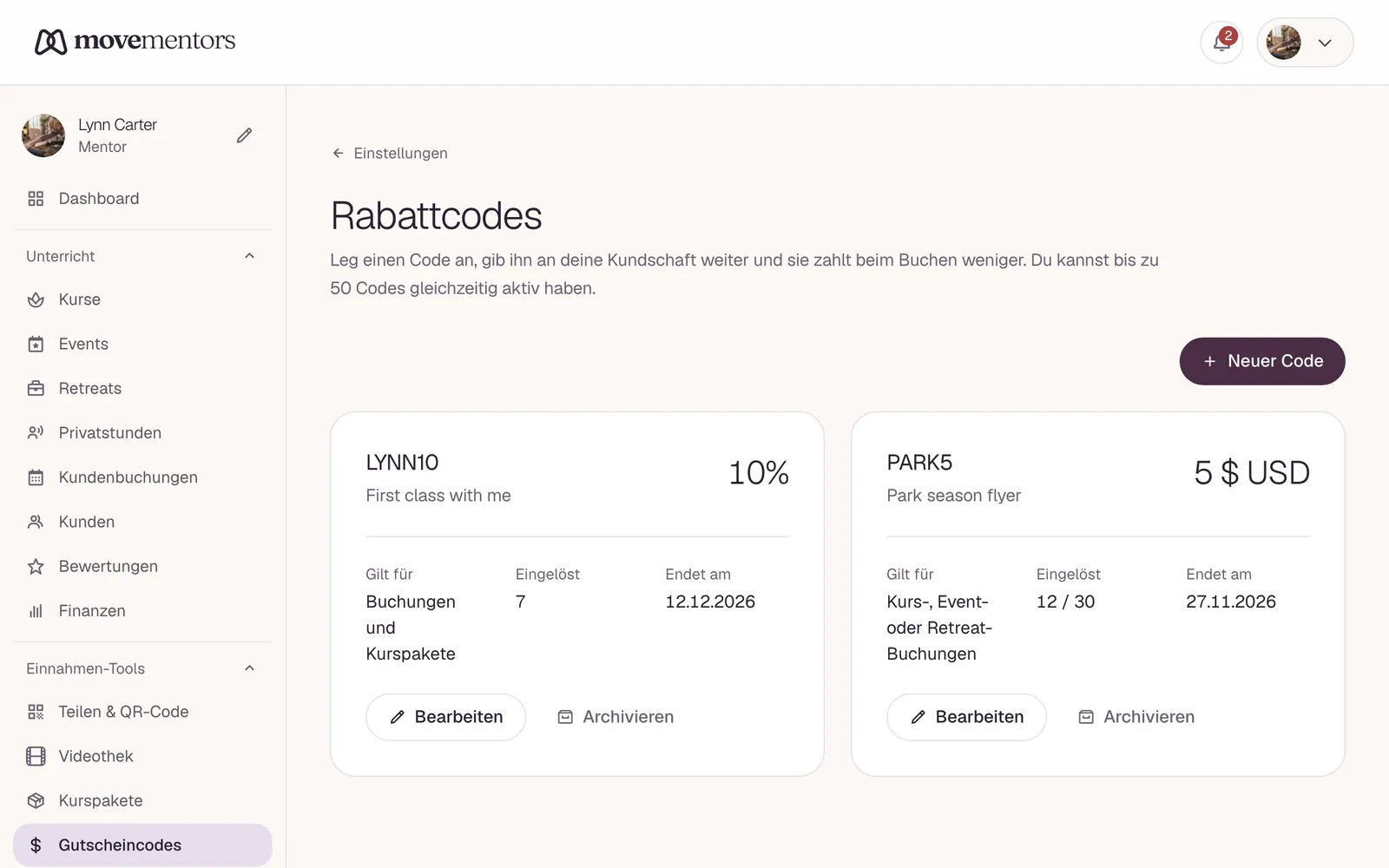 Promo-Codes im Dashboard, jeweils mit der Zahl der Einlösungen.