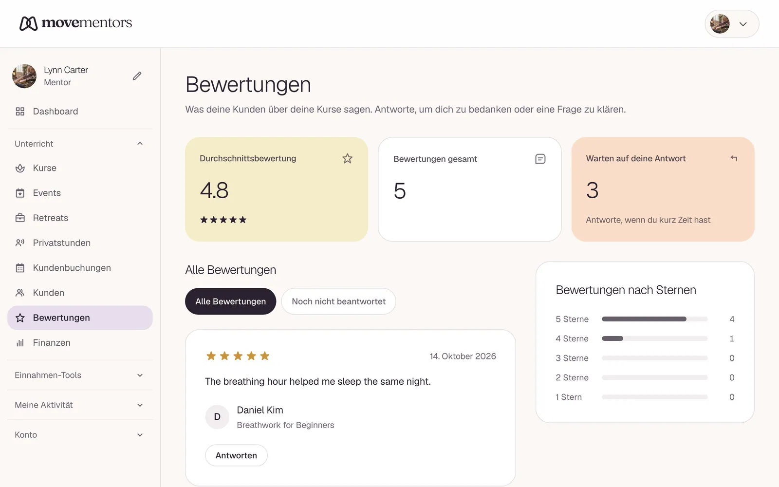 Deine Bewertungen im Dashboard. Unter jeder kannst du antworten.