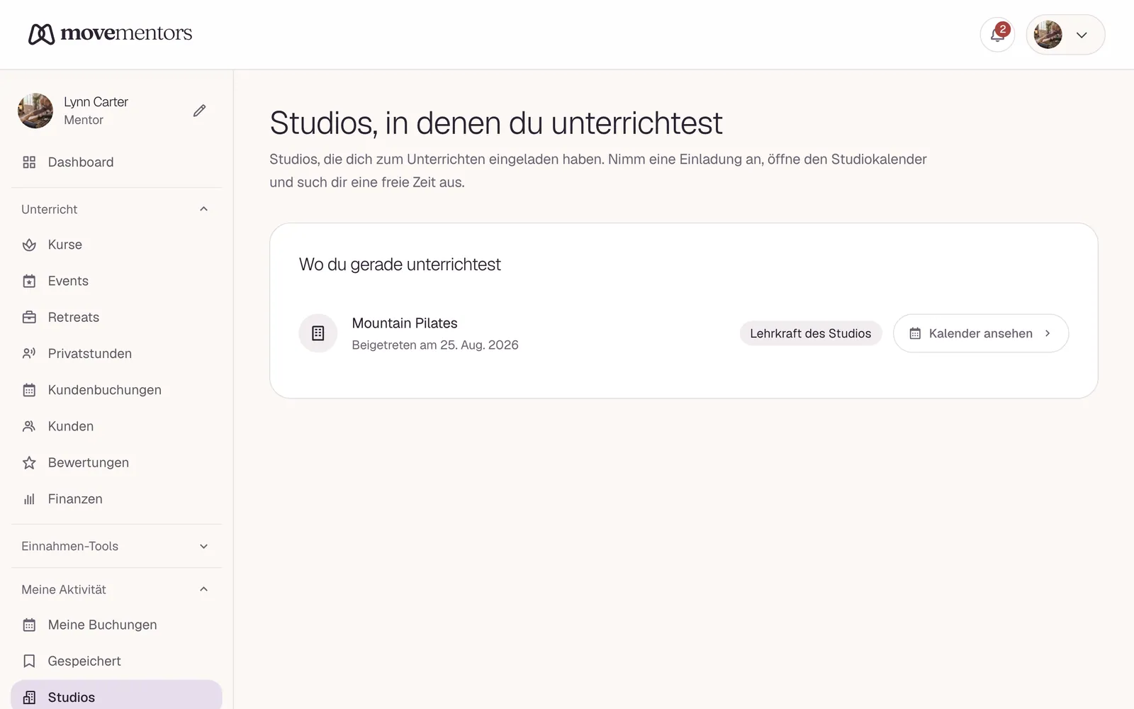 Die Studios, in denen du unterrichtest, in deinem Mentoren-Dashboard.