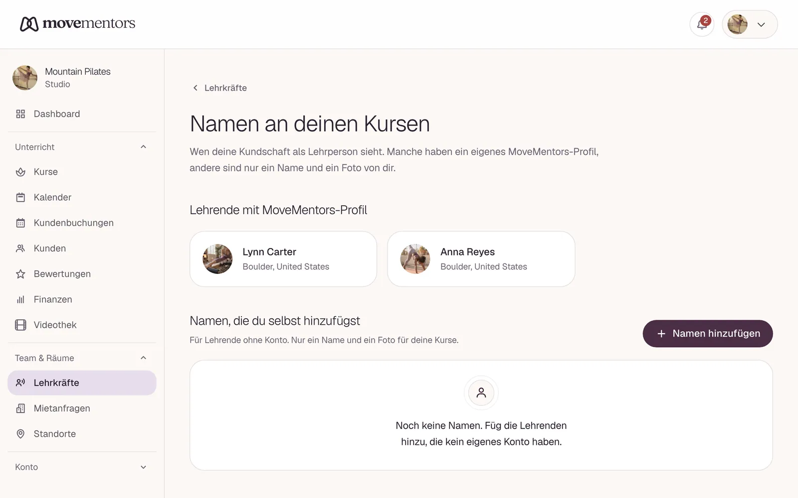 Die Namen, die bei deinen Kursen stehen: Lehrkräfte mit eigenem Profil und Namen, die du selbst hinzufügst.