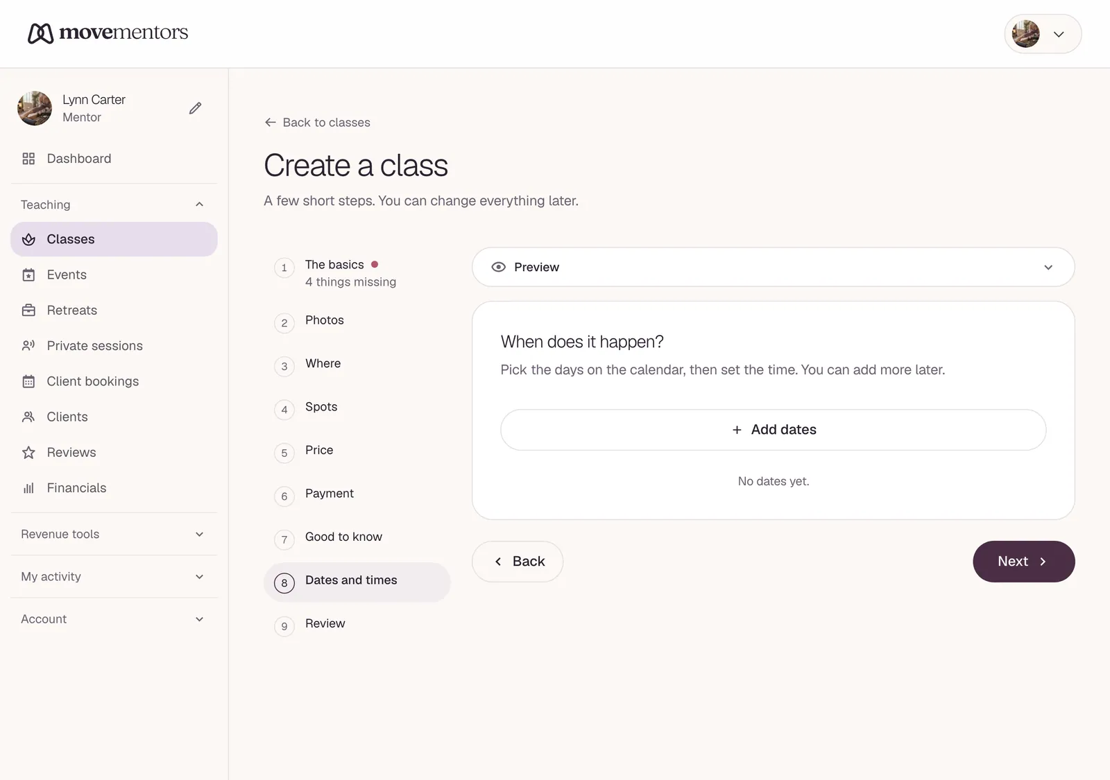 The dates and times step, where you add the dates the class runs.