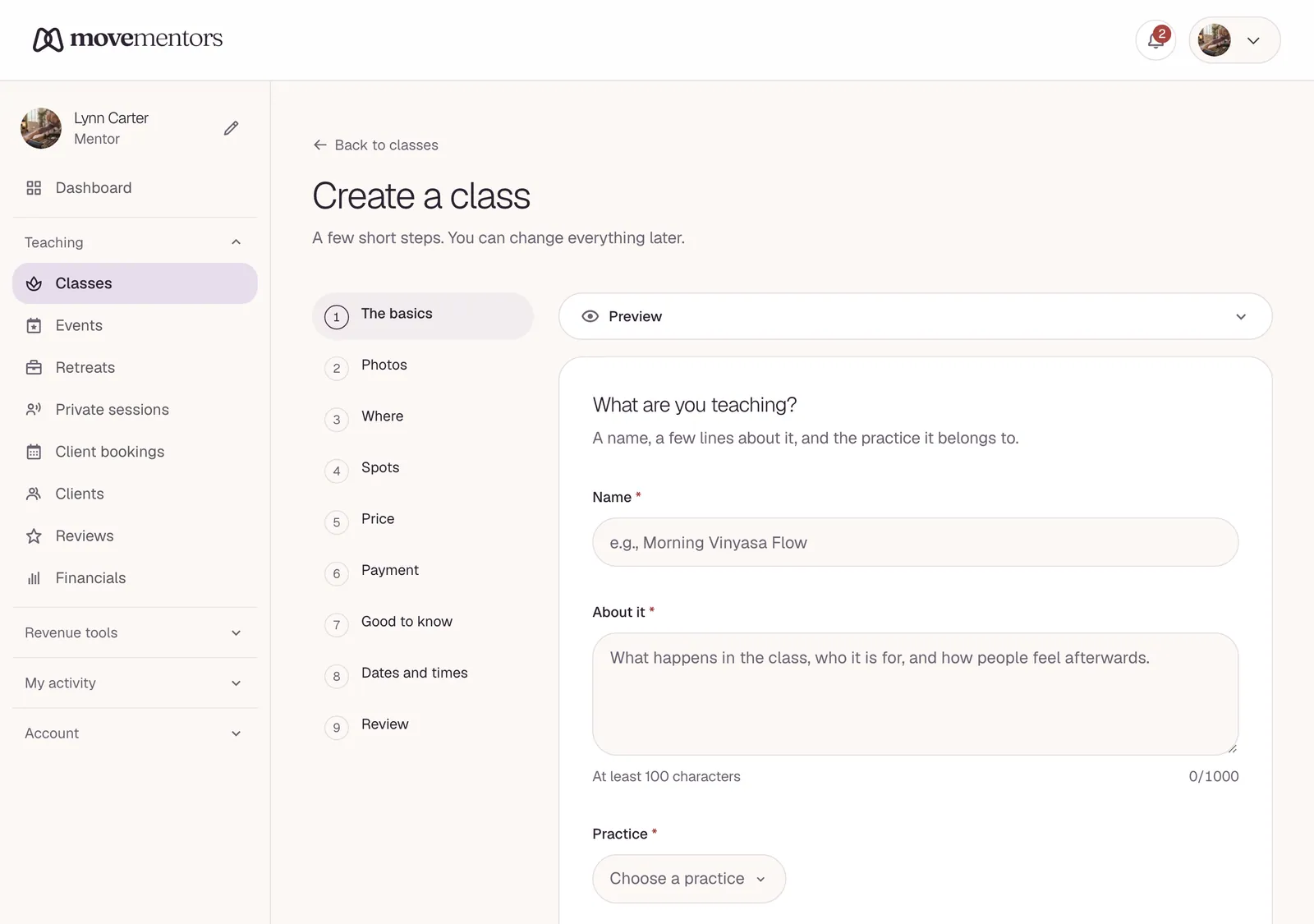 Creating a class: one short step at a time, with the list of steps on the left.