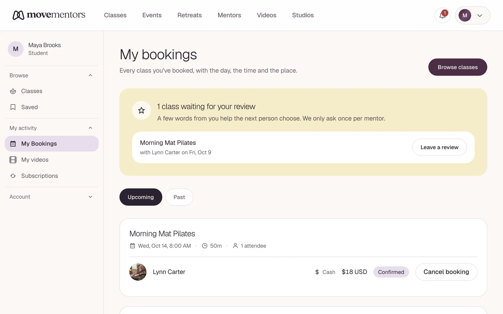 My bookings: your upcoming classes, with the day, the time and how you pay.