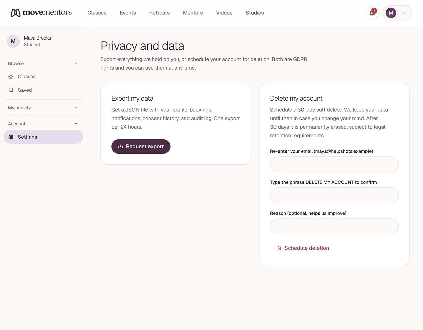 The privacy page, where you download your data or delete your account.