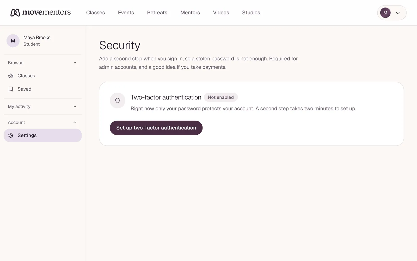 The security page, where you set up two-factor authentication.