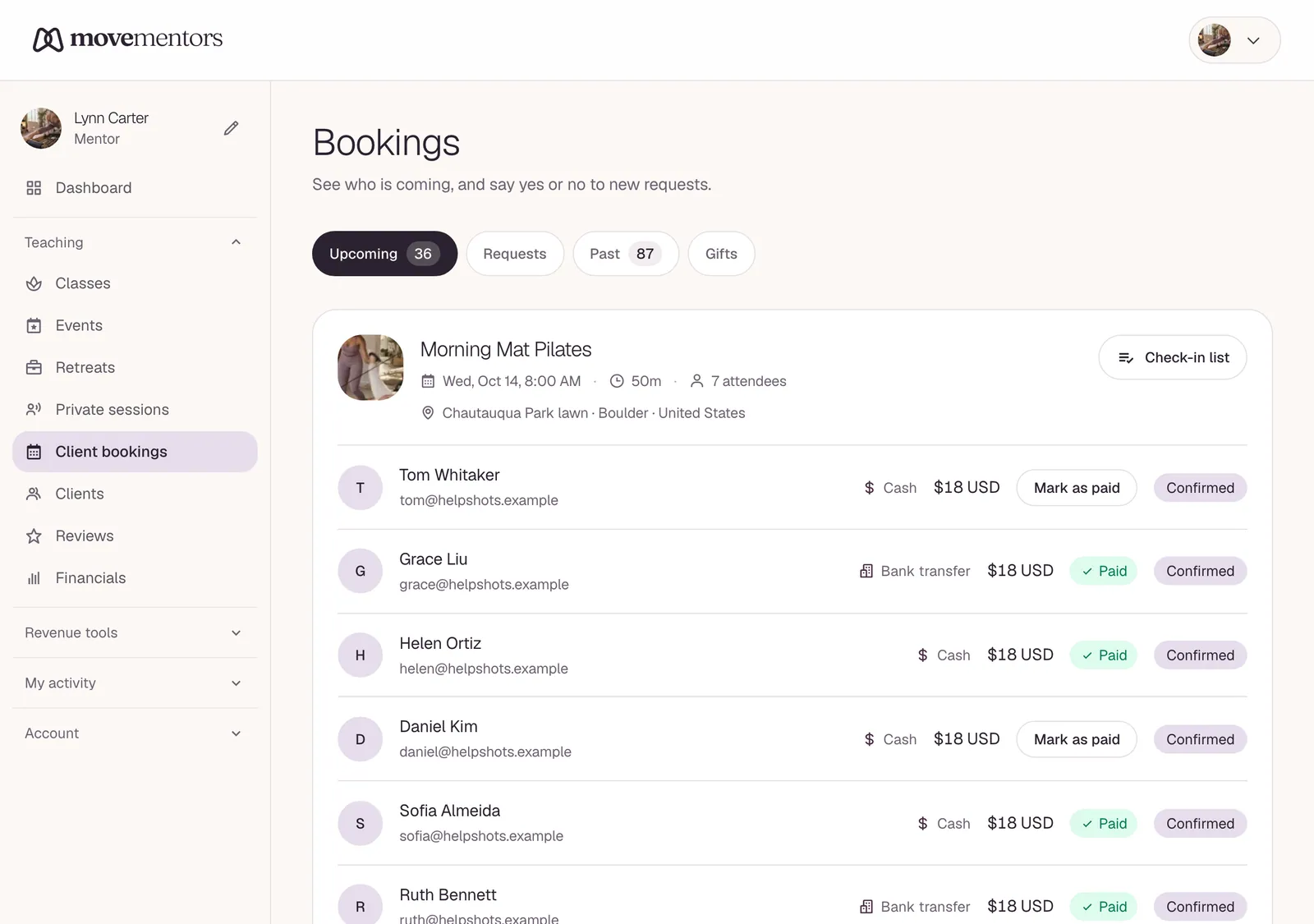 The bookings list in the mentor dashboard.