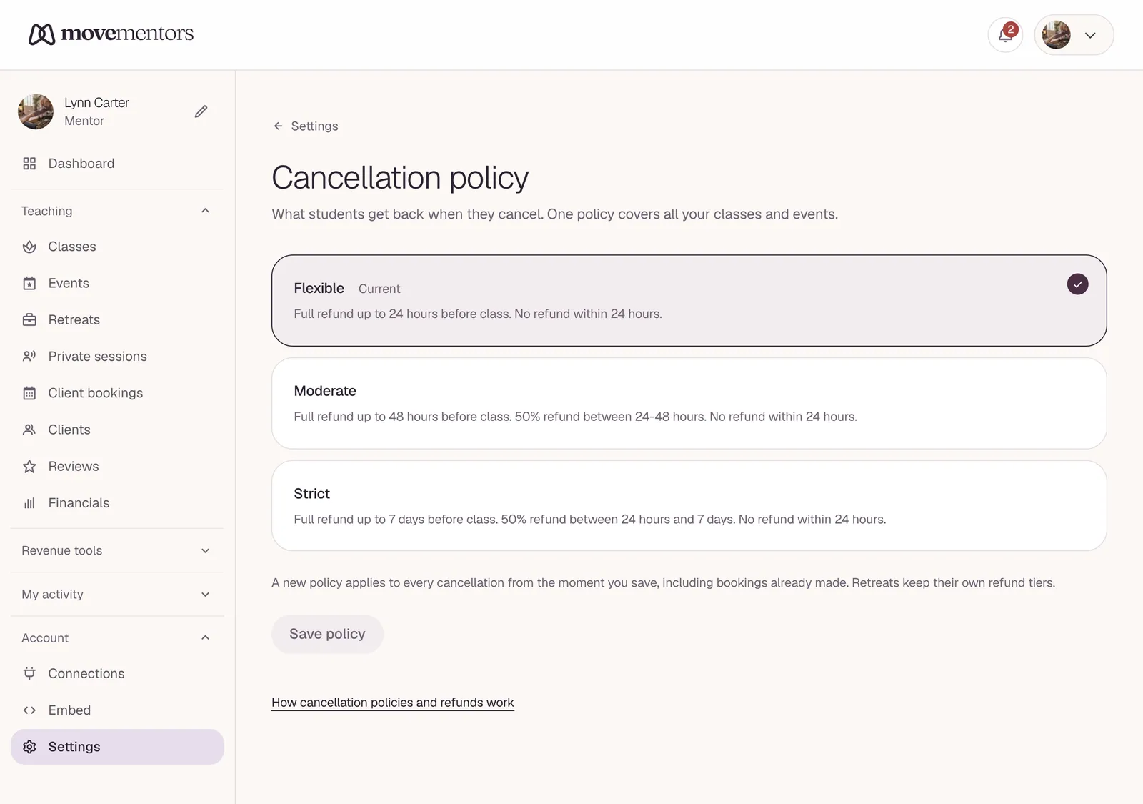 The cancellation policy page in your settings.