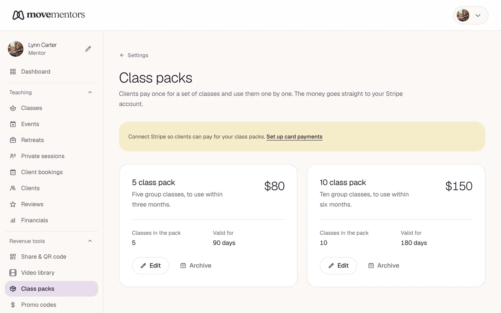 Class packs in the dashboard. Each card is one pack you sell.