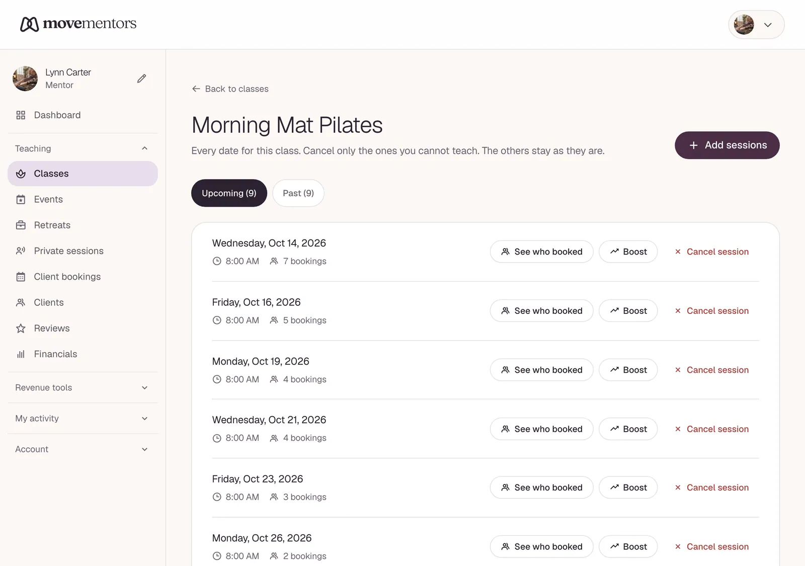Every date of one class, with its bookings. Add more with the button at the top right.