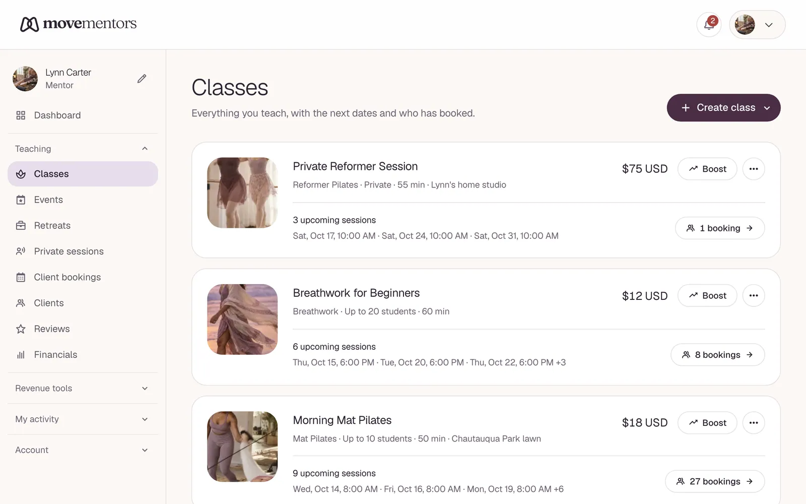 Your classes list in the dashboard.