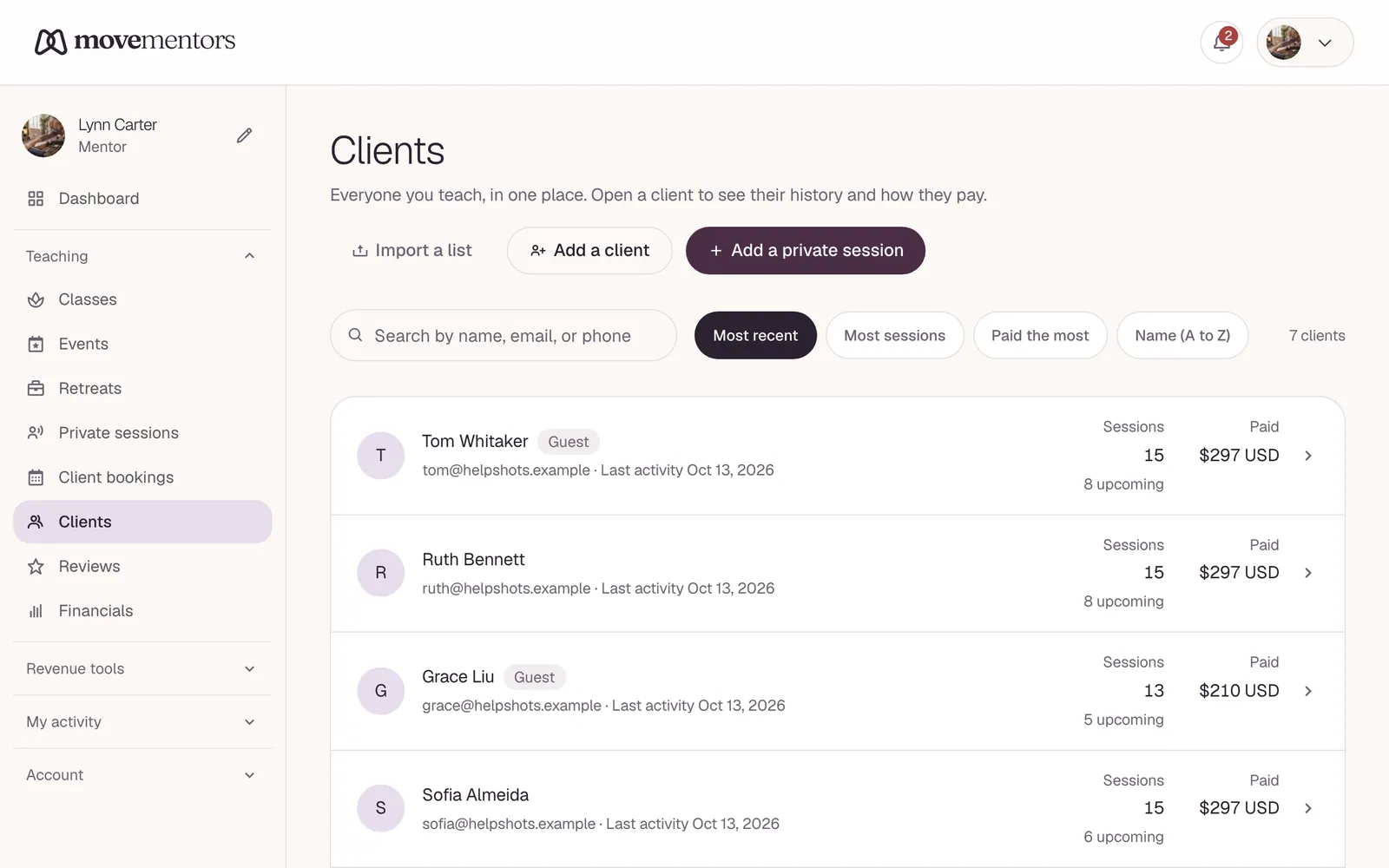 The client list, with each person's sessions and what they have paid.