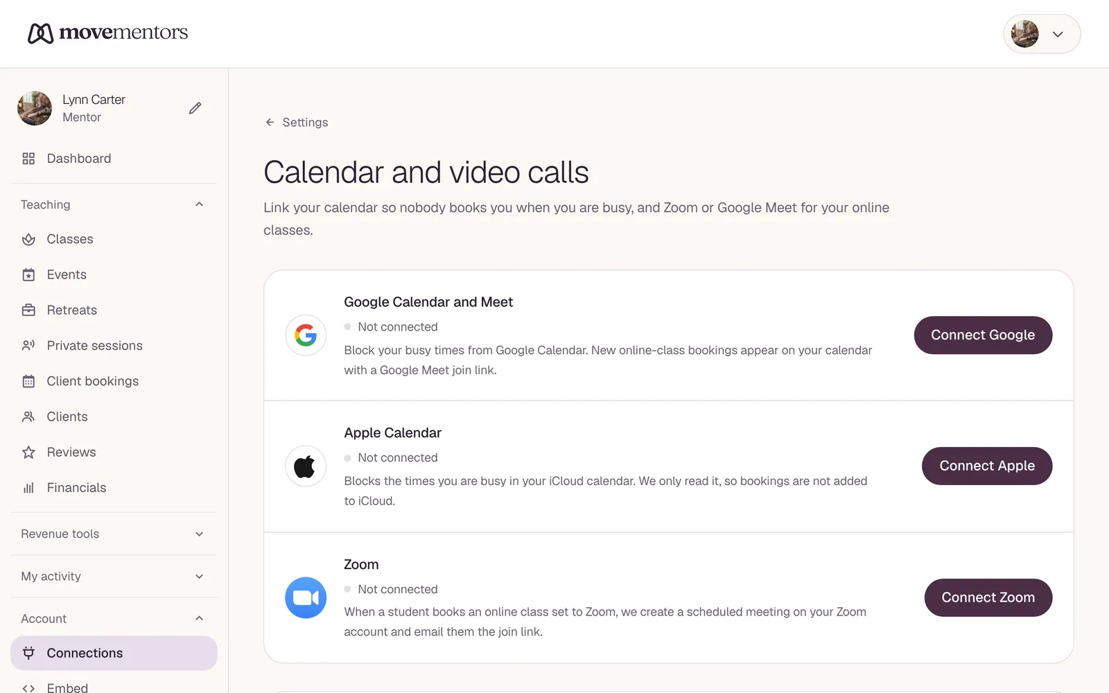 The connections page: one row each for Google, Apple Calendar and Zoom.