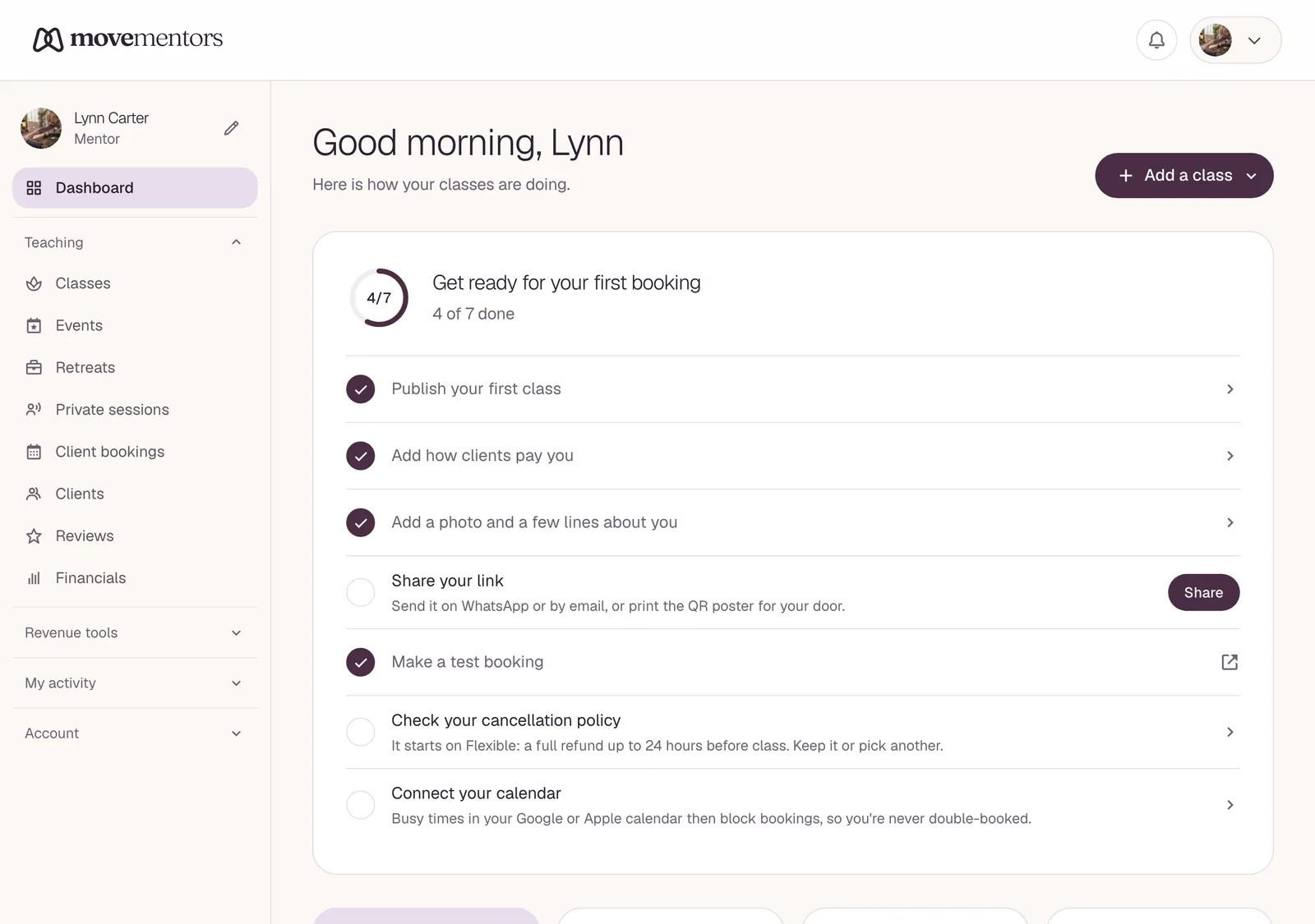 The mentor dashboard: this month's earnings, upcoming bookings and your rating at a glance.