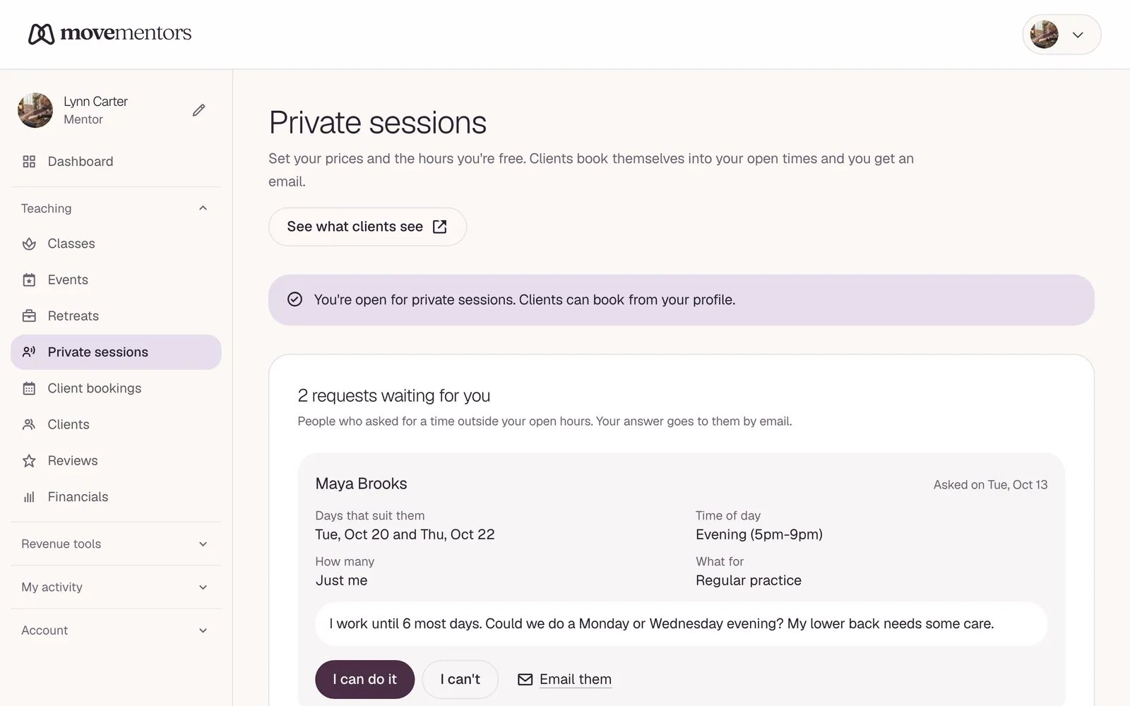 The private sessions page in the mentor dashboard.