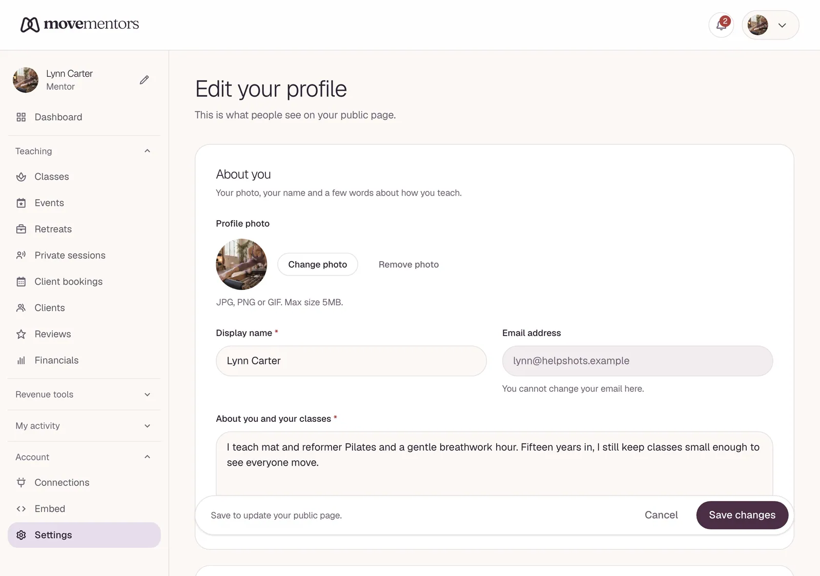 The profile editor, where you change your photo, bio and links.