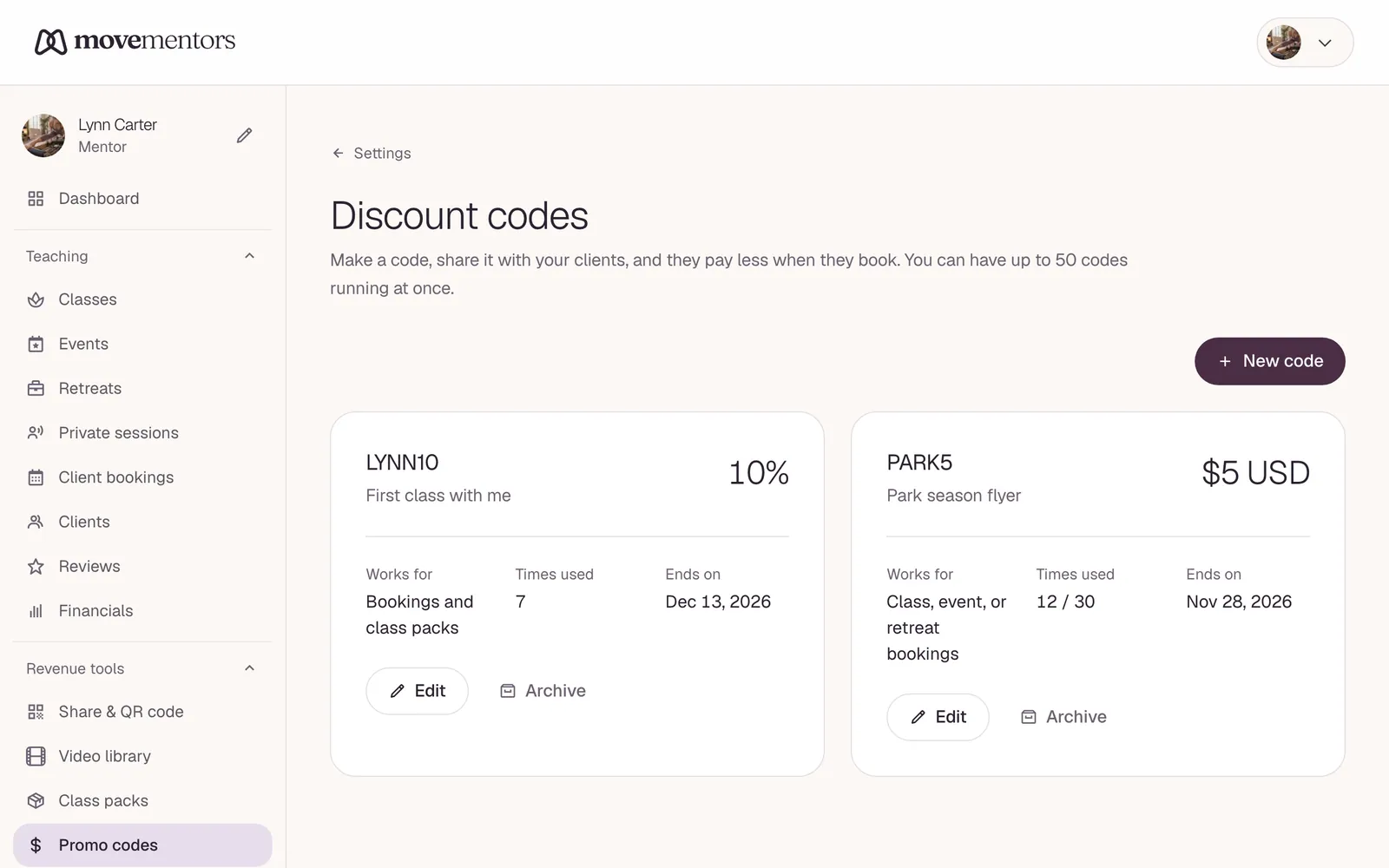 Promo codes in the dashboard, with how often each one has been used.
