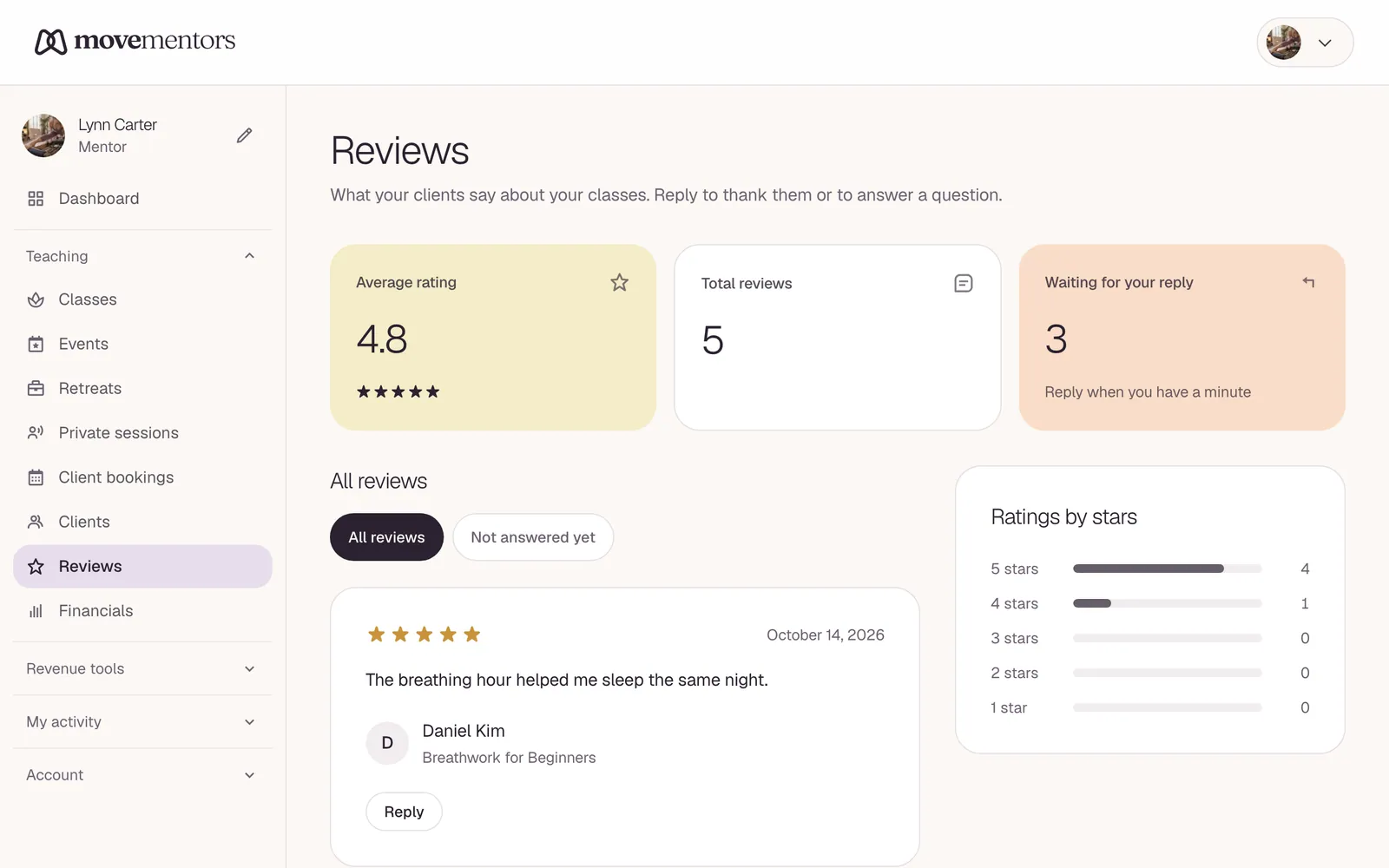 Your reviews in the dashboard. You can reply under each one.