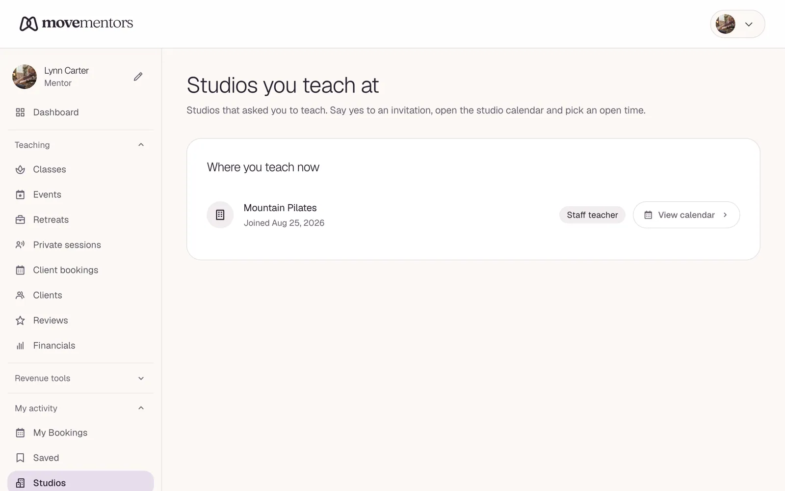 The studios you teach at, in your mentor dashboard.