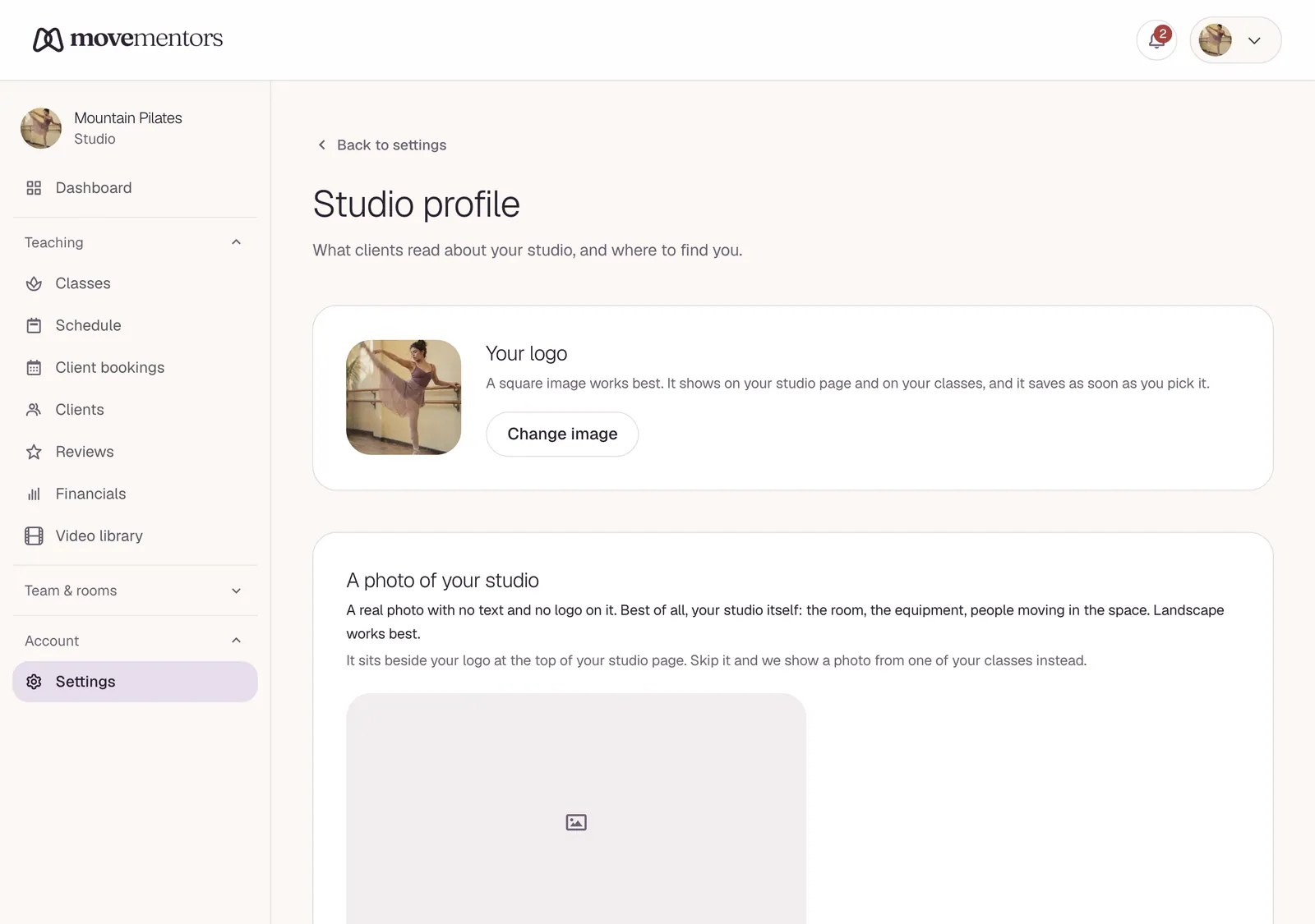 The business profile editor in the studio settings.