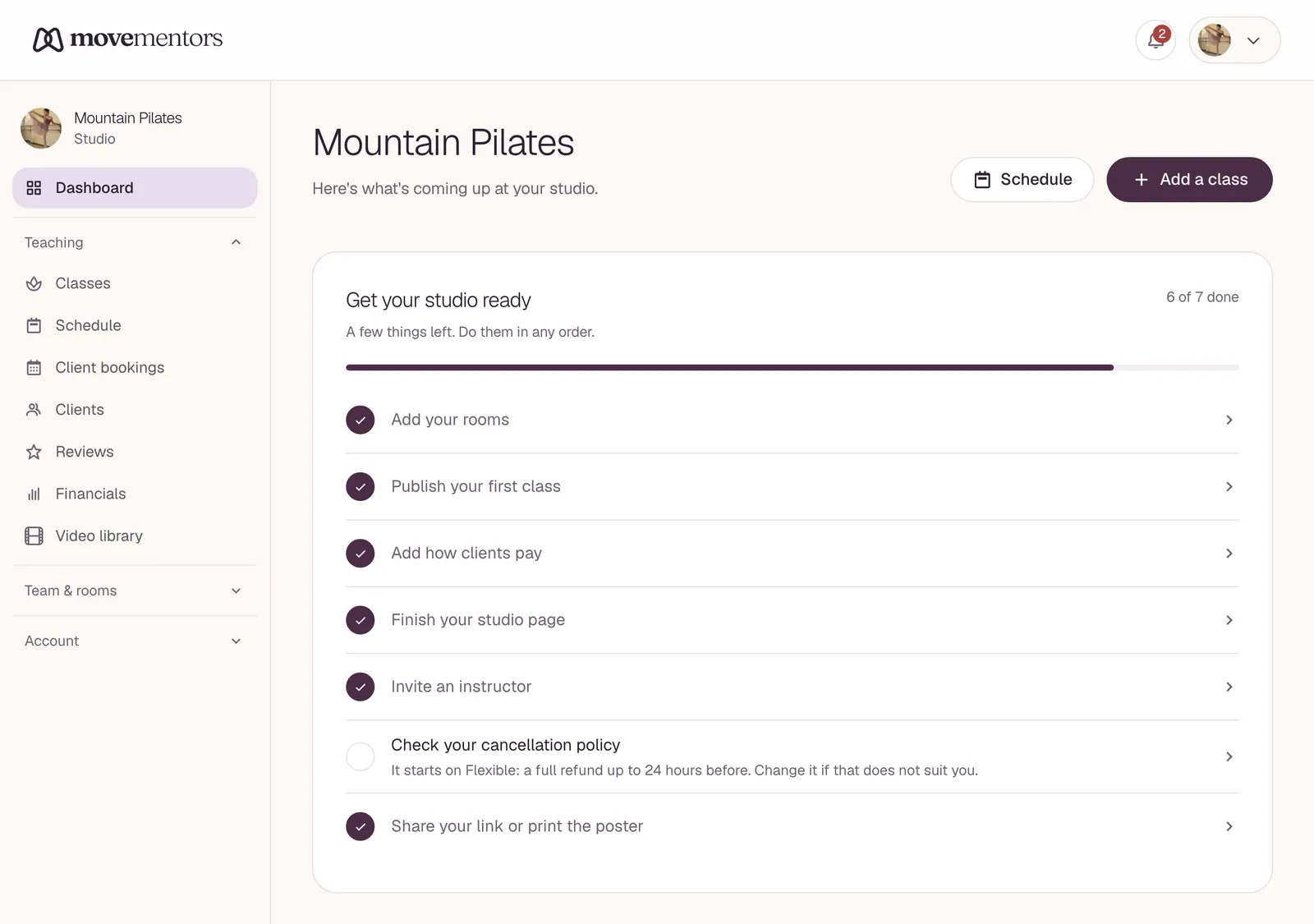 The studio dashboard.
