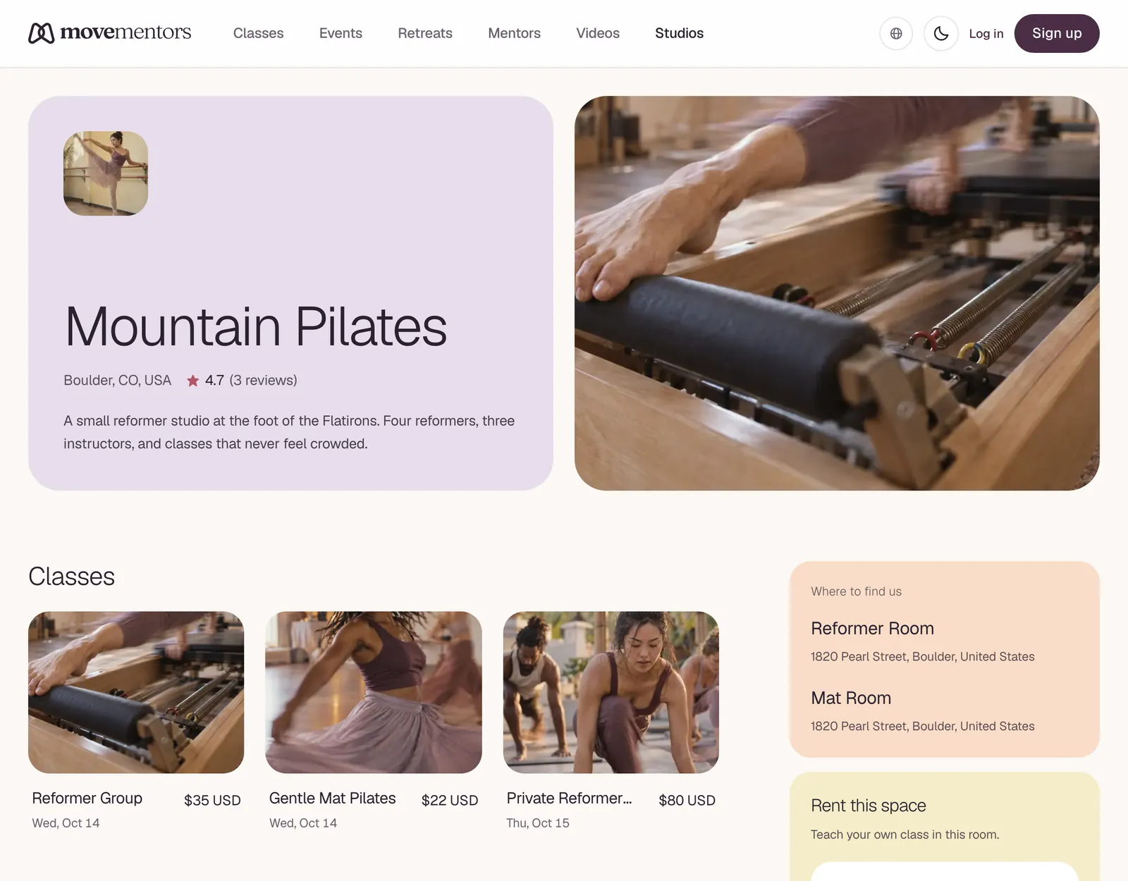 A studio's public page, with its classes and where to find it.