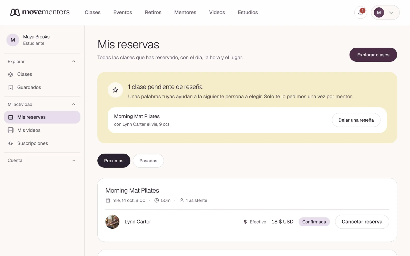 Mis reservas: tus próximas clases, con el día, la hora y la forma de pago.