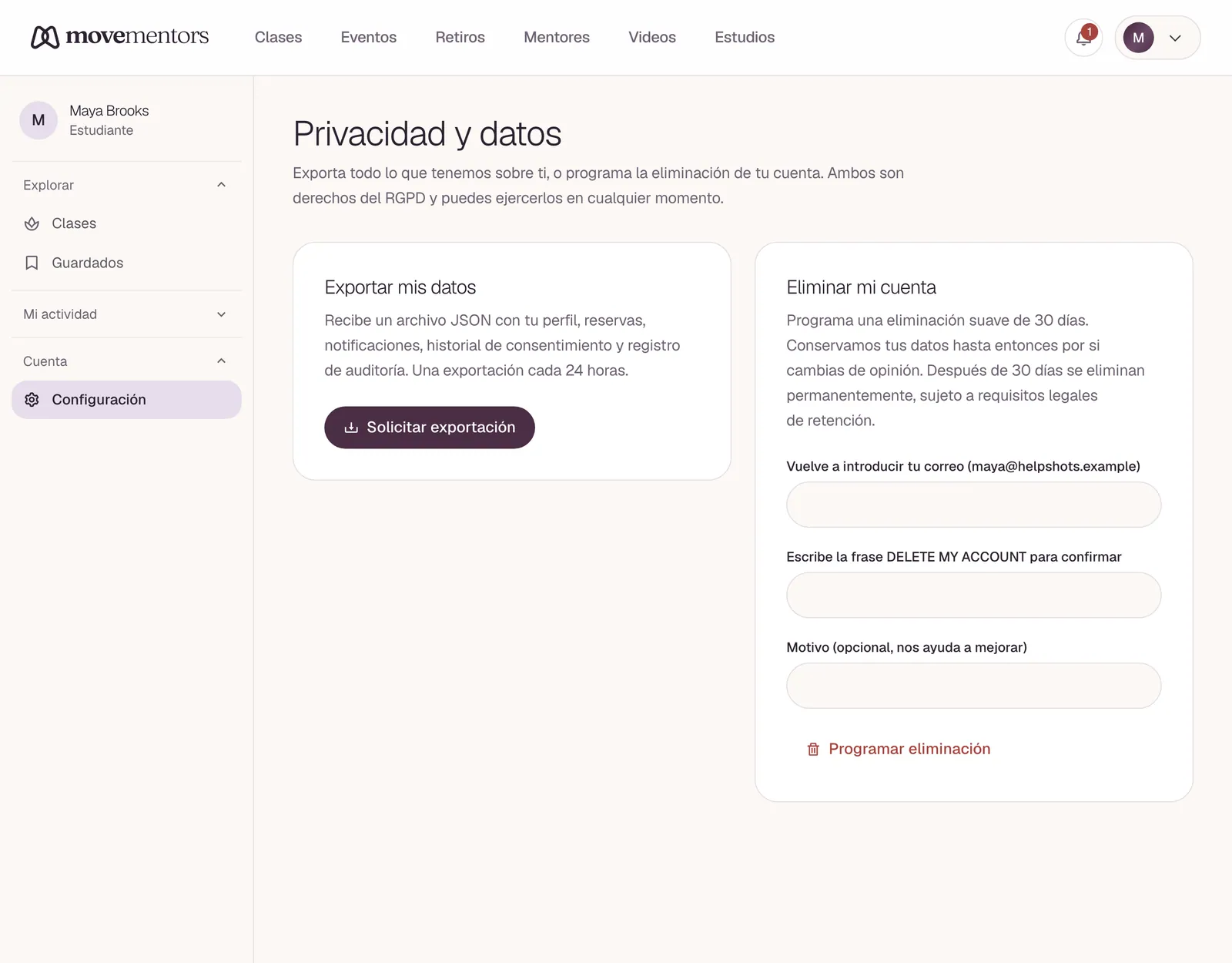 La página de privacidad, donde descargas tus datos o eliminas tu cuenta.