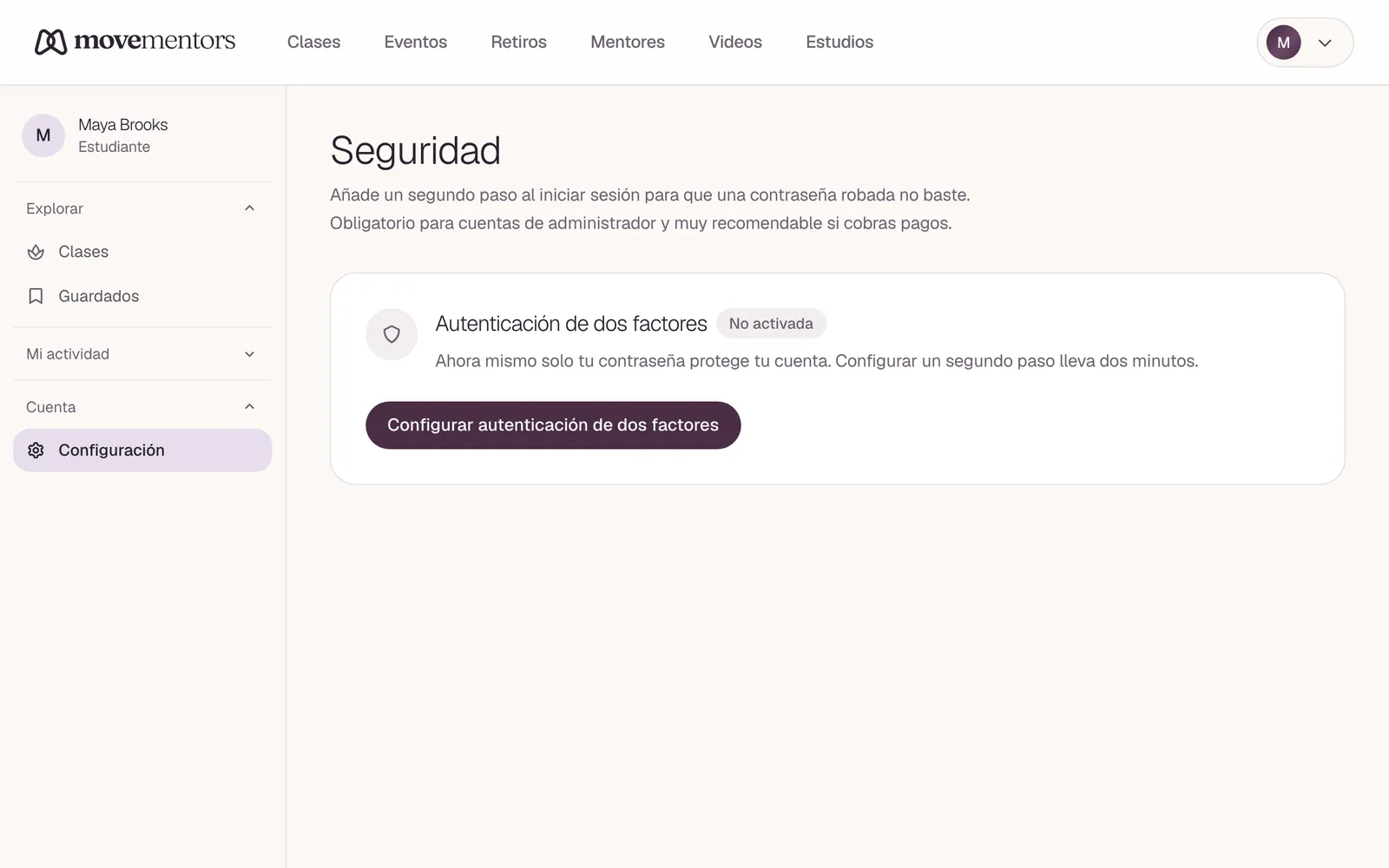 La página de seguridad, donde configuras la autenticación en dos pasos.