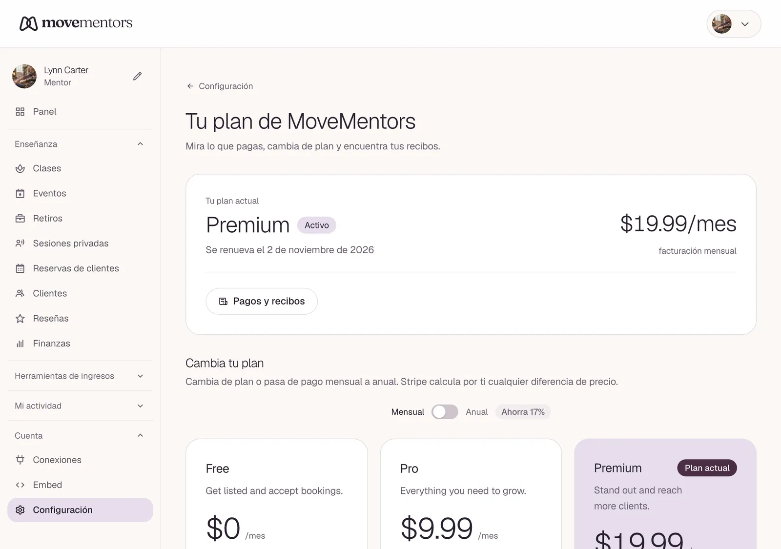 La página de facturación, con tu plan actual.