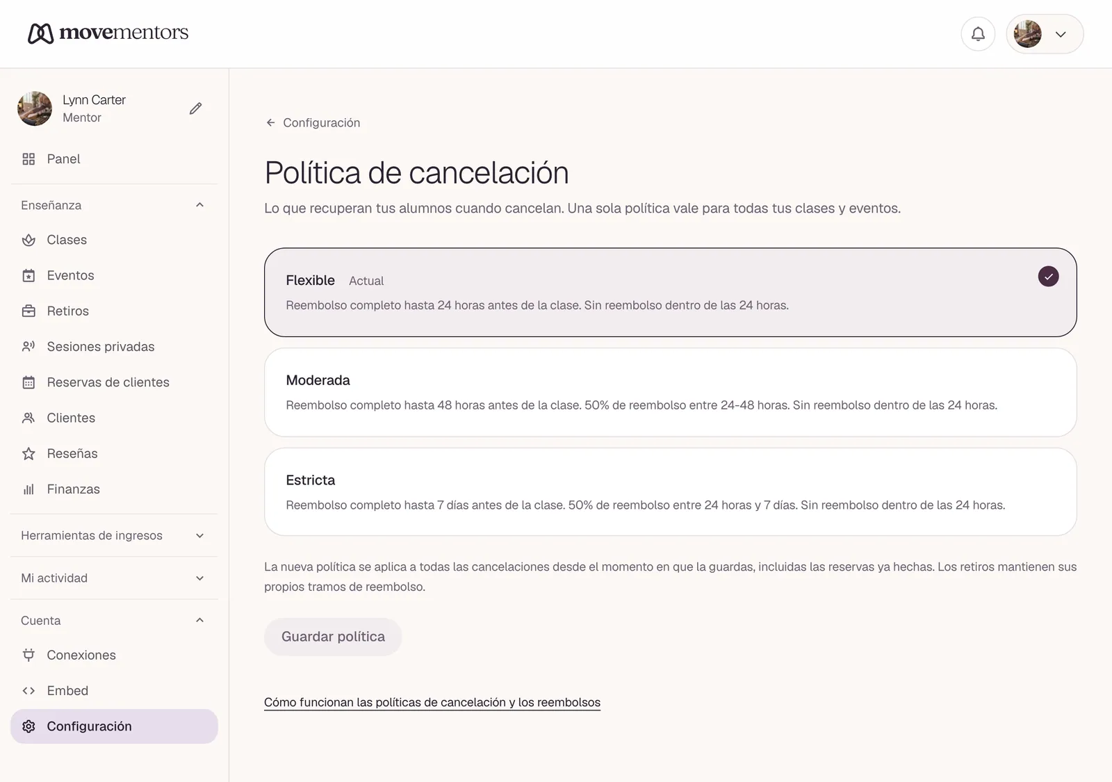 La página de la política de cancelación en tus ajustes.
