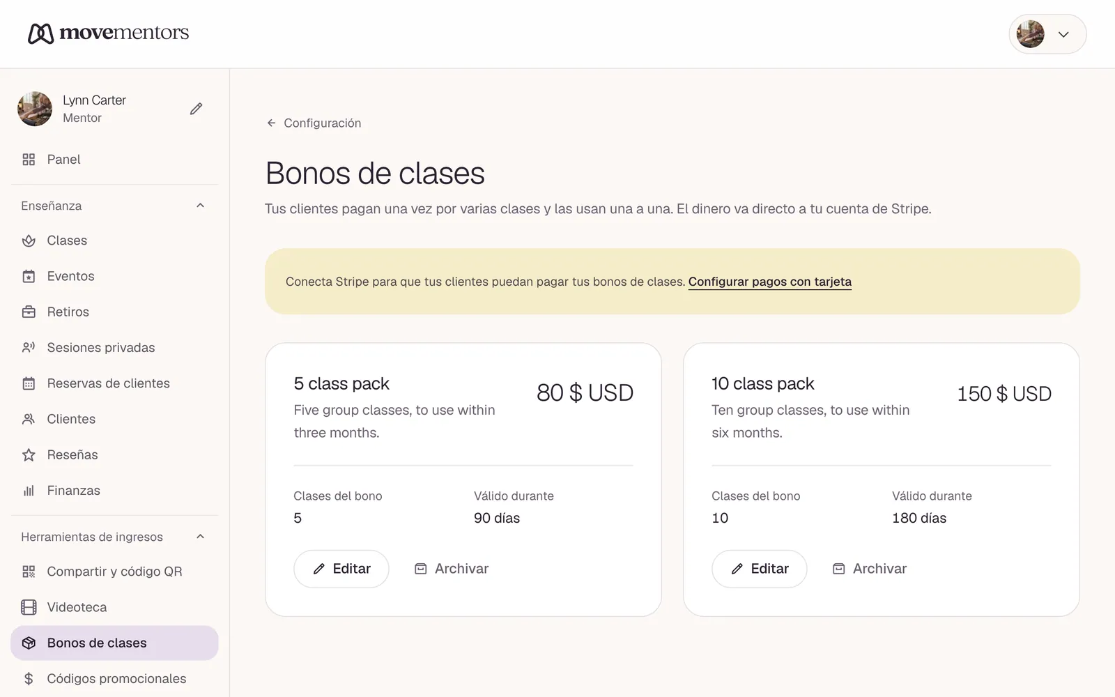 Los bonos de clases en el panel. Cada tarjeta es un bono que vendes.