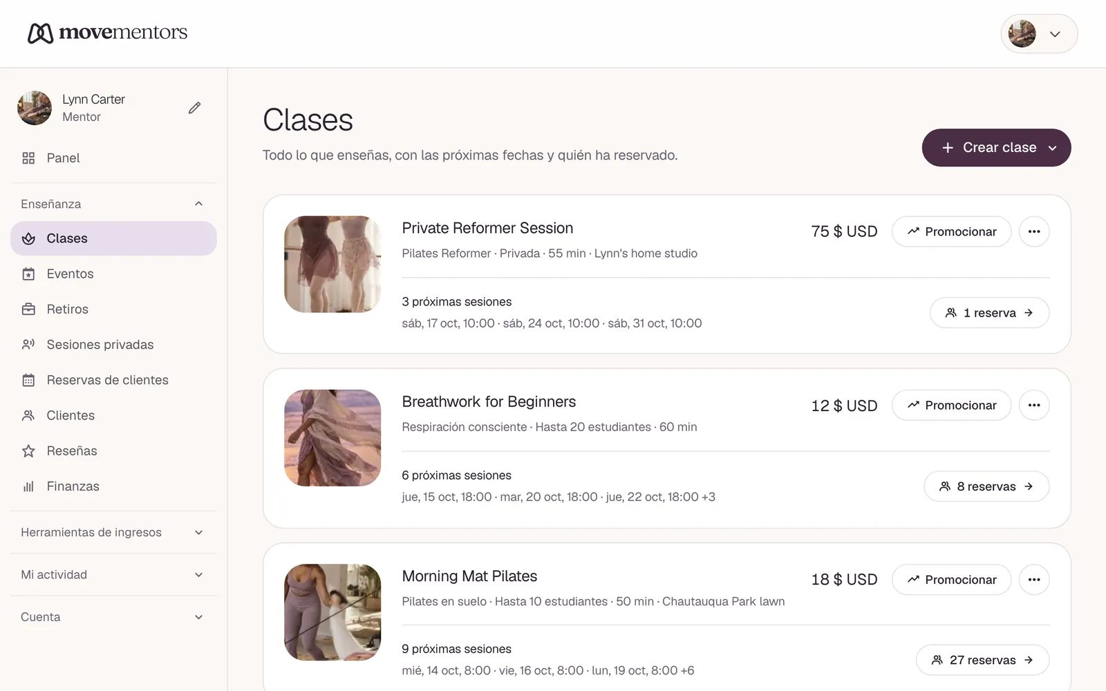 Tu lista de clases en el panel.