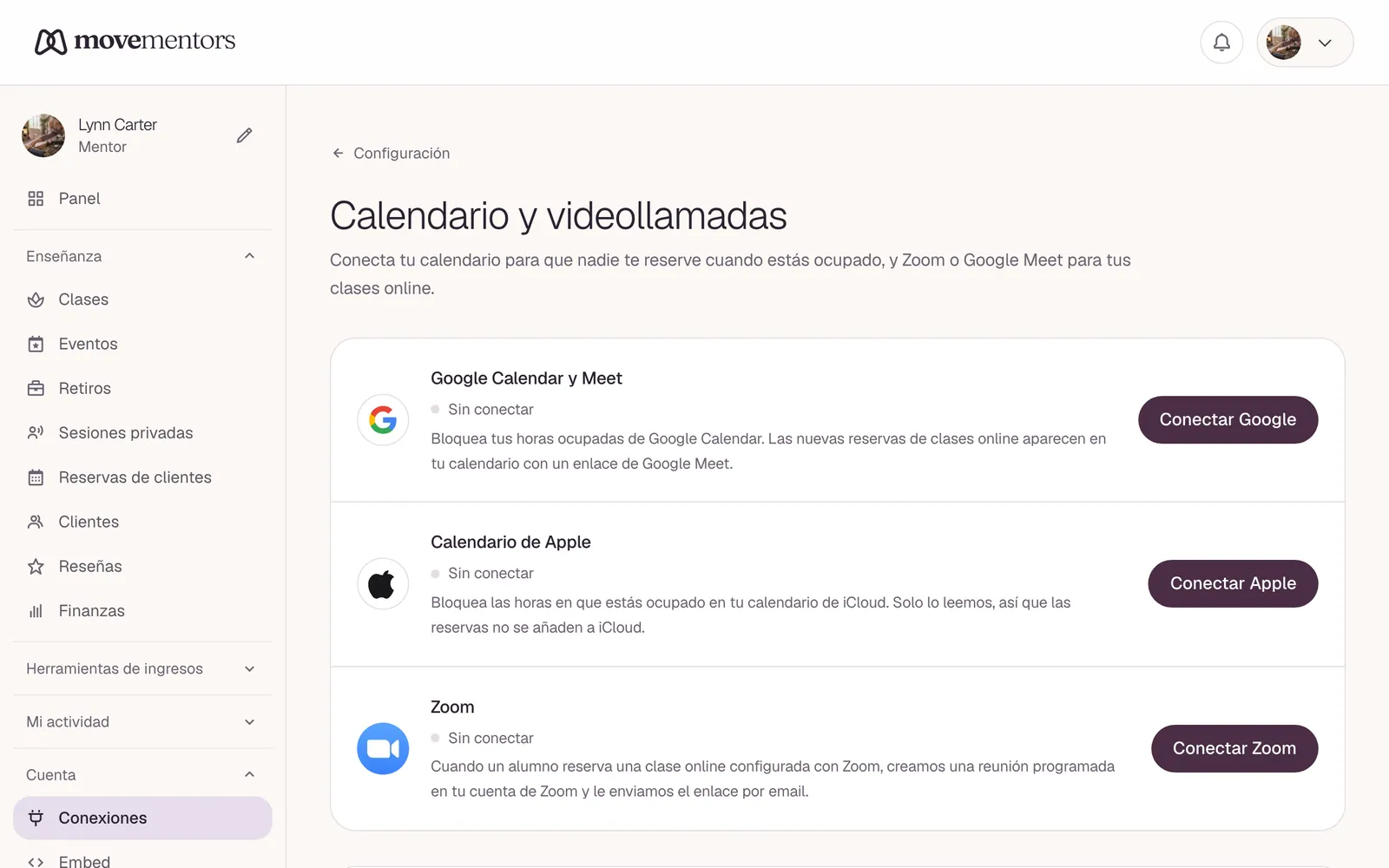 La página de conexiones: una fila para Google, otra para Apple Calendar y otra para Zoom.