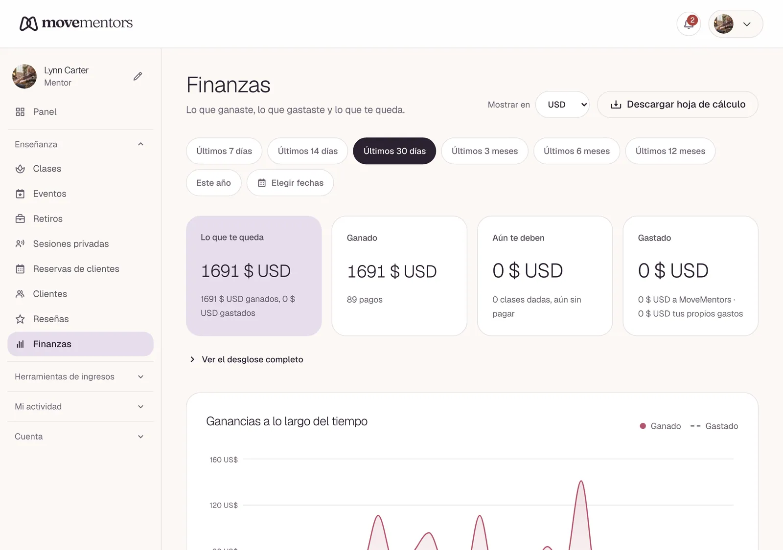 La página de finanzas: lo que ganaste en el periodo elegido, con el gráfico debajo.