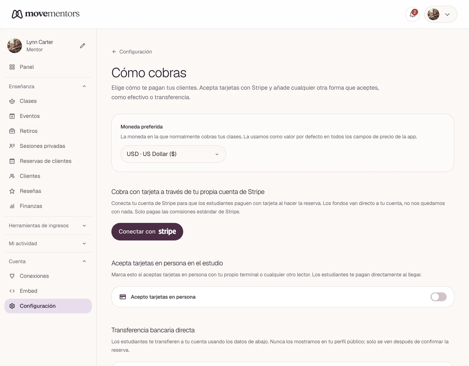 La página de pagos en tus ajustes: los pagos con tarjeta mediante Stripe arriba y las demás formas de pago debajo.