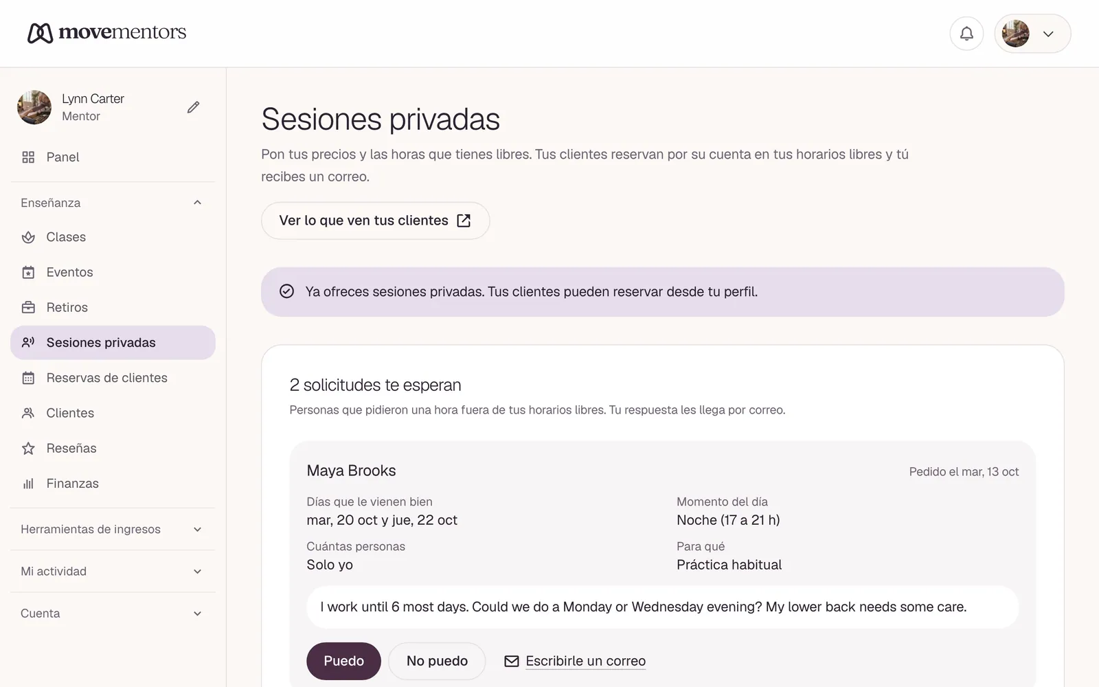 La página de sesiones privadas en el panel del mentor.