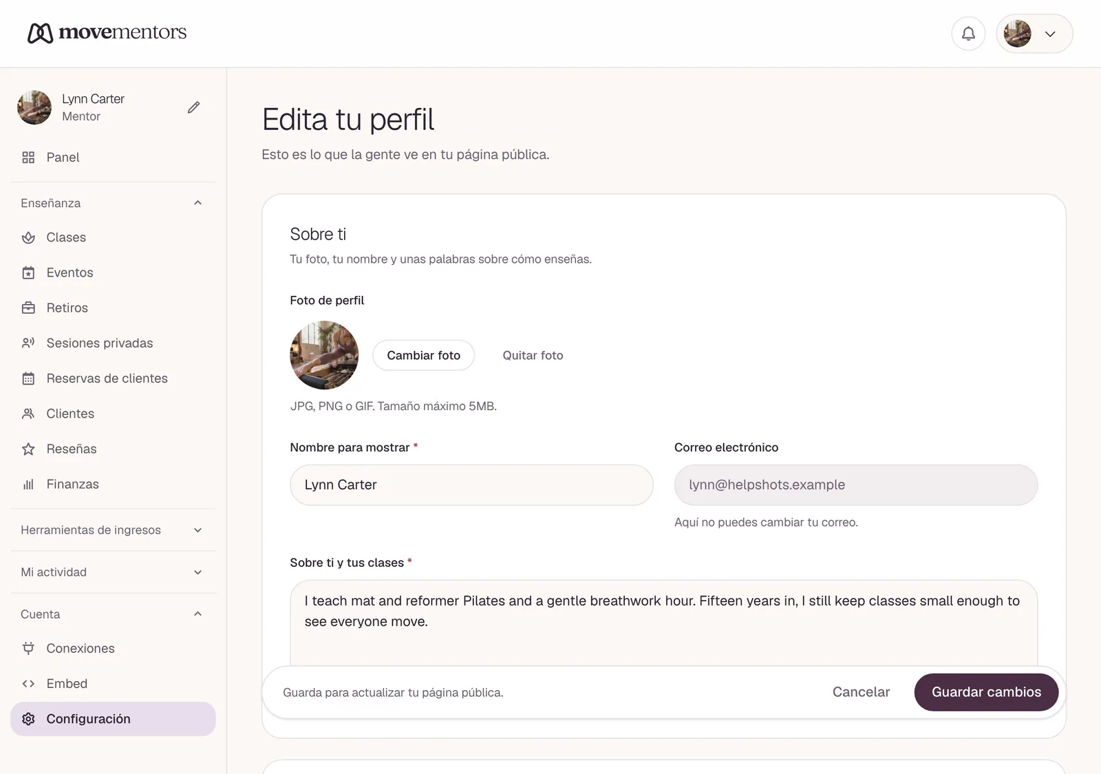 El editor del perfil, donde cambias tu foto, tu biografía y tus enlaces.