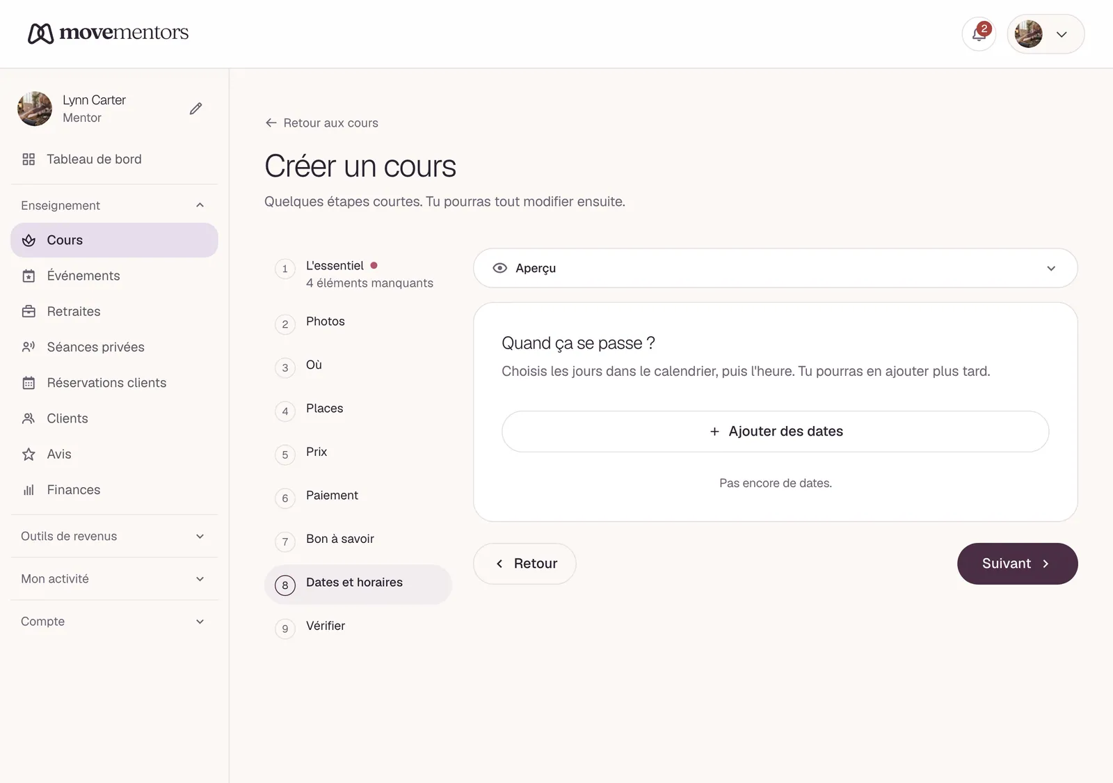 L'étape des dates et horaires, où tu ajoutes les jours du cours.