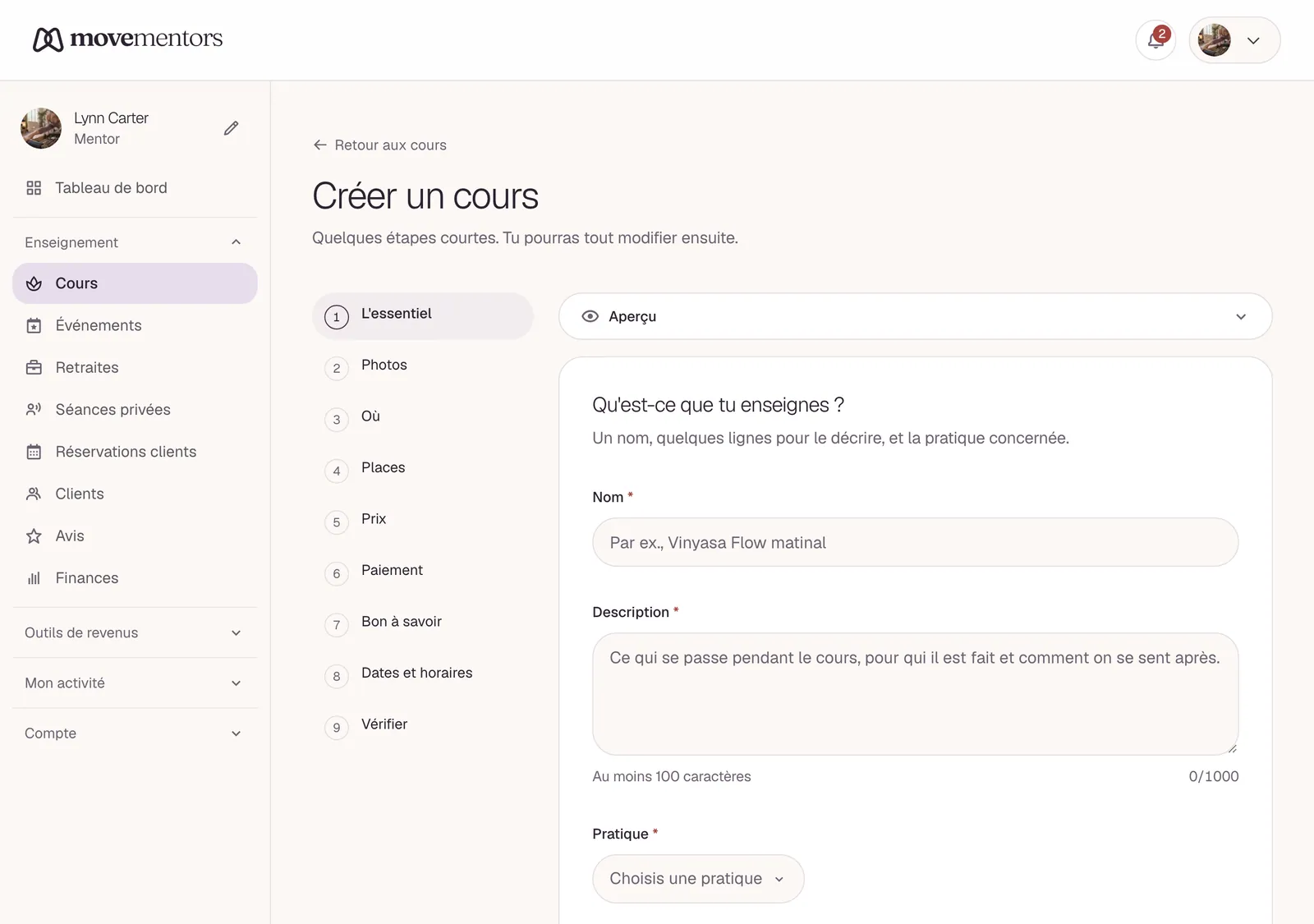 Créer un cours : une courte étape à la fois, avec la liste des étapes à gauche.