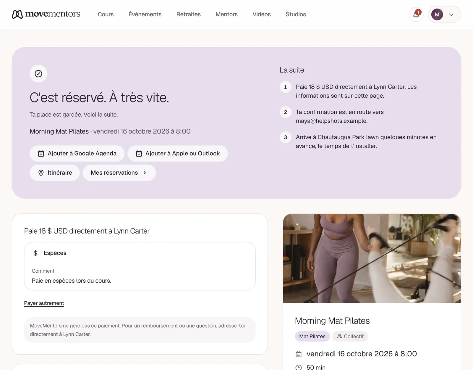 La page de confirmation affichée juste après la réservation.