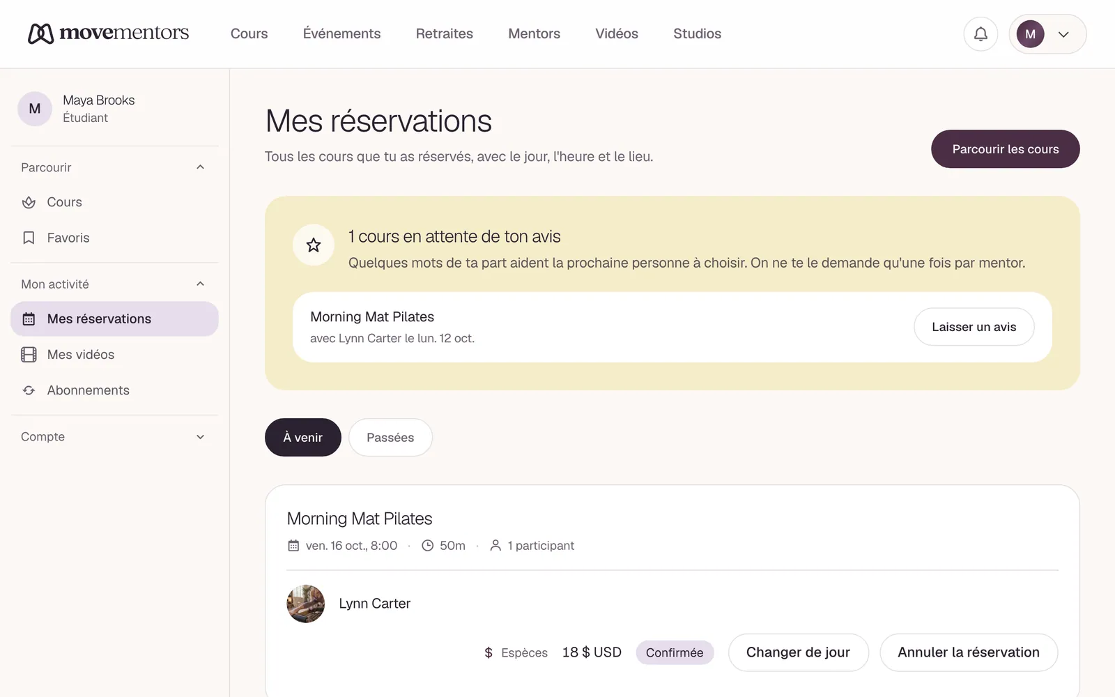 Mes réservations : tes prochains cours, avec le jour, l'heure et le moyen de paiement.
