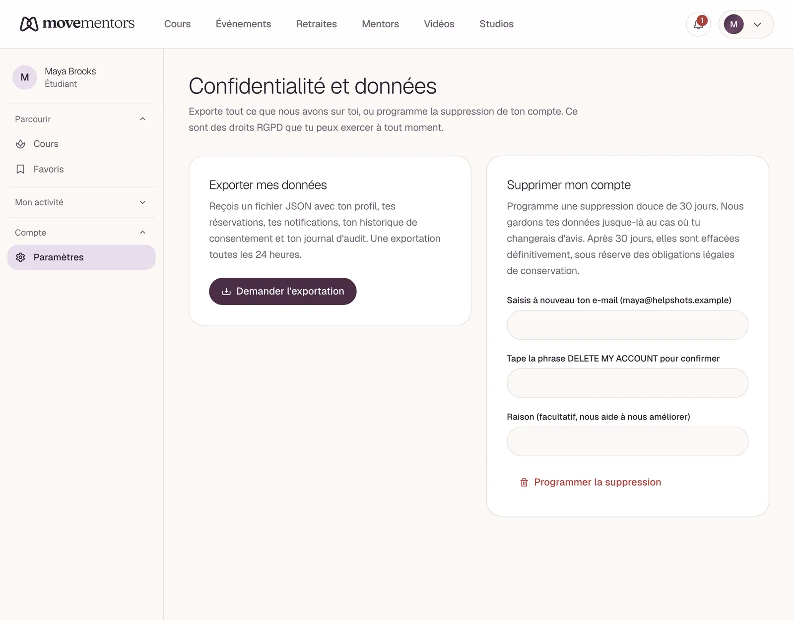 La page Confidentialité, où tu télécharges tes données ou supprimes ton compte.