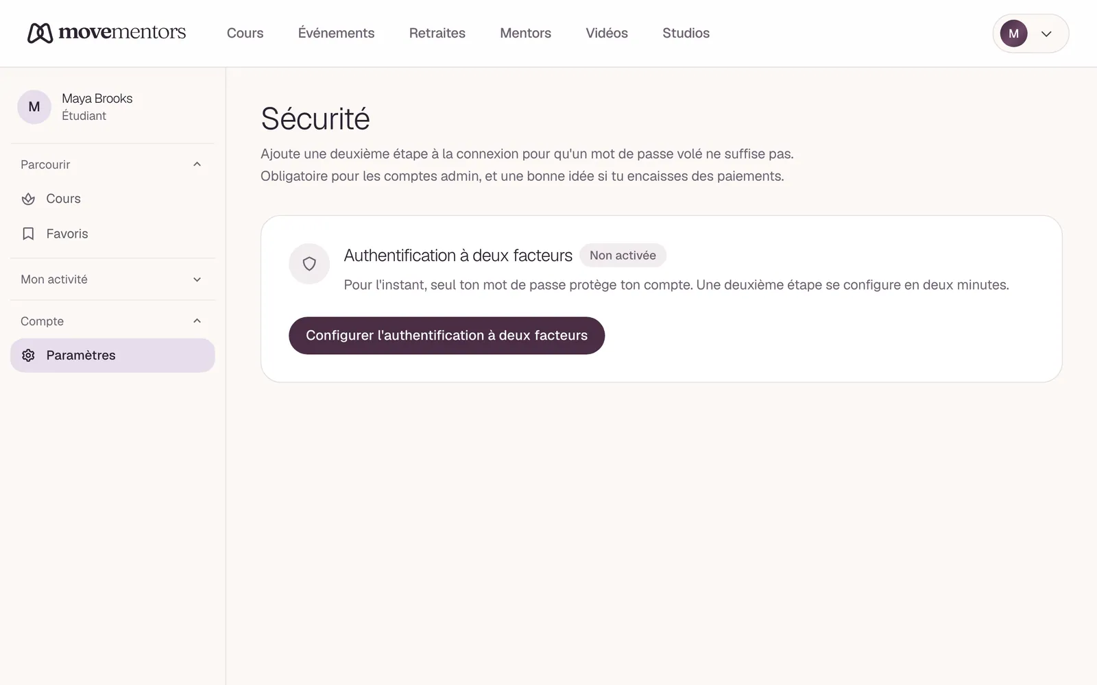 La page Sécurité, où tu configures l'authentification à deux facteurs.